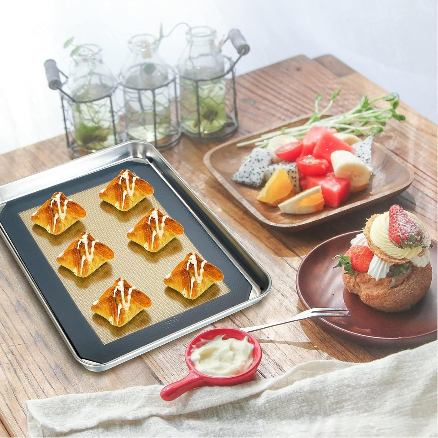 Yododo Baking Sheet Set - Stainless Steel Cookie Tray with Non-Toxic Silicone Mat | 12-Inch Size, Easy Clean