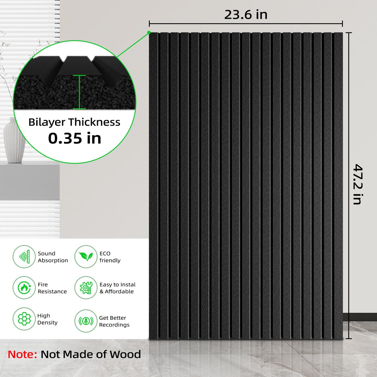 ZHOJEREL 5 Pack Sound Proof Foam Panels for Walls 47.2"x23.6" Large Acoustic Panels Sound Absorbing, Self-Adhesive Soundproof Wall Panels for Home Studio, Office, Recording, Black Black