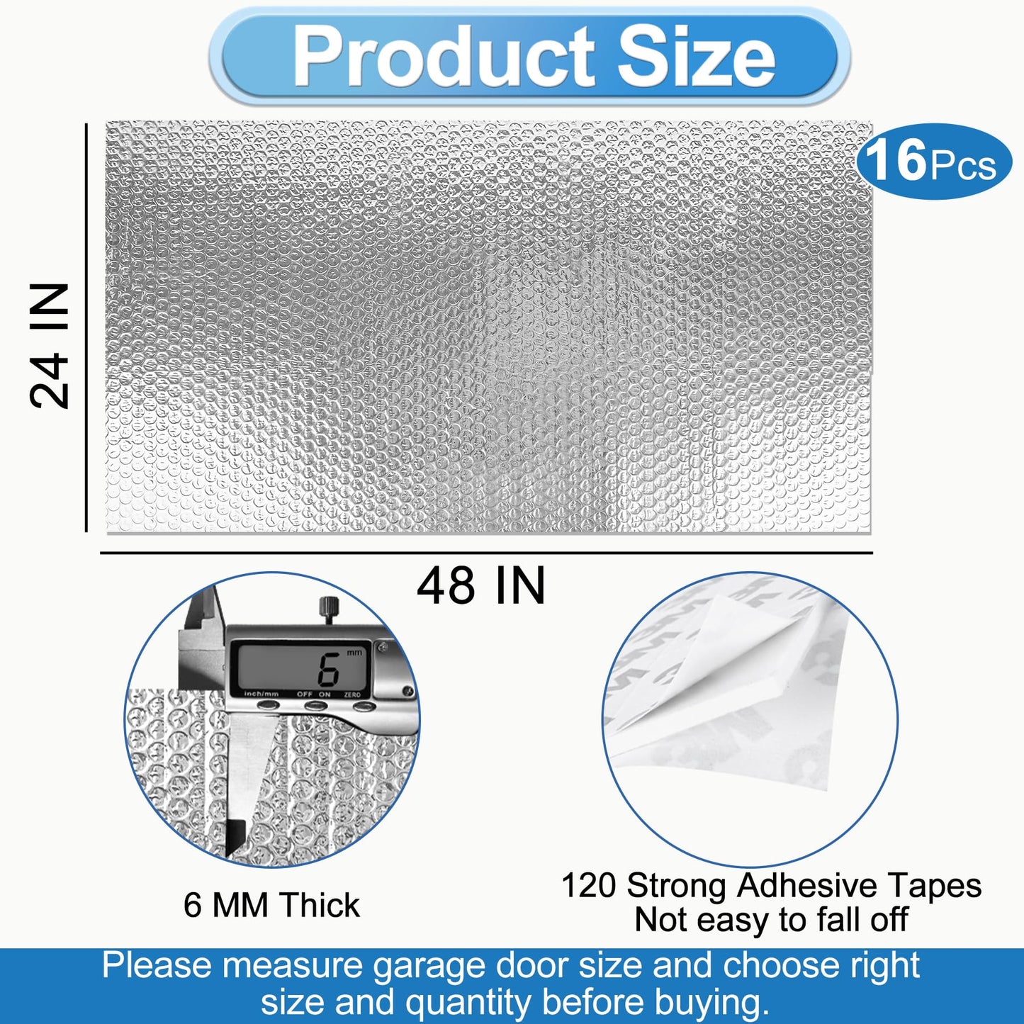 ToLanbbt Garage Door Insulation Kit 16P Double Bubble Window Heat Insulation Panels, 6MM 24" x 48" Reflective Aluminum Foil Summer/Winter Barrier Sheets with 120 Adhesive Tapes for Garage Attic Wall