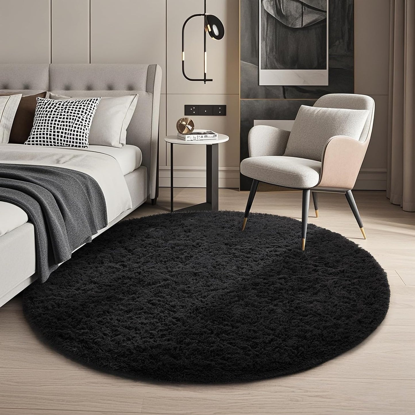 Ophanie Round Rug - 4Ft Black Circle Area Rug | Fluffy Soft Shaggy Carpet for Bedroom & Nursery Decor