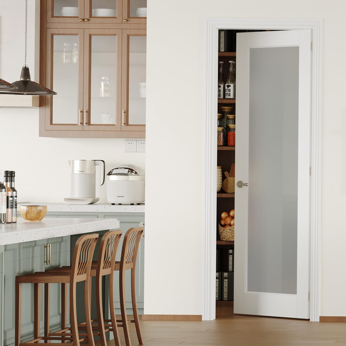 Lakenyon Pantry Door, 24" x 80" with Prehung Door Jamb, Right-Handed Interior Door, 1-Lite Frosted Glass, White MDF with Hardware Kit