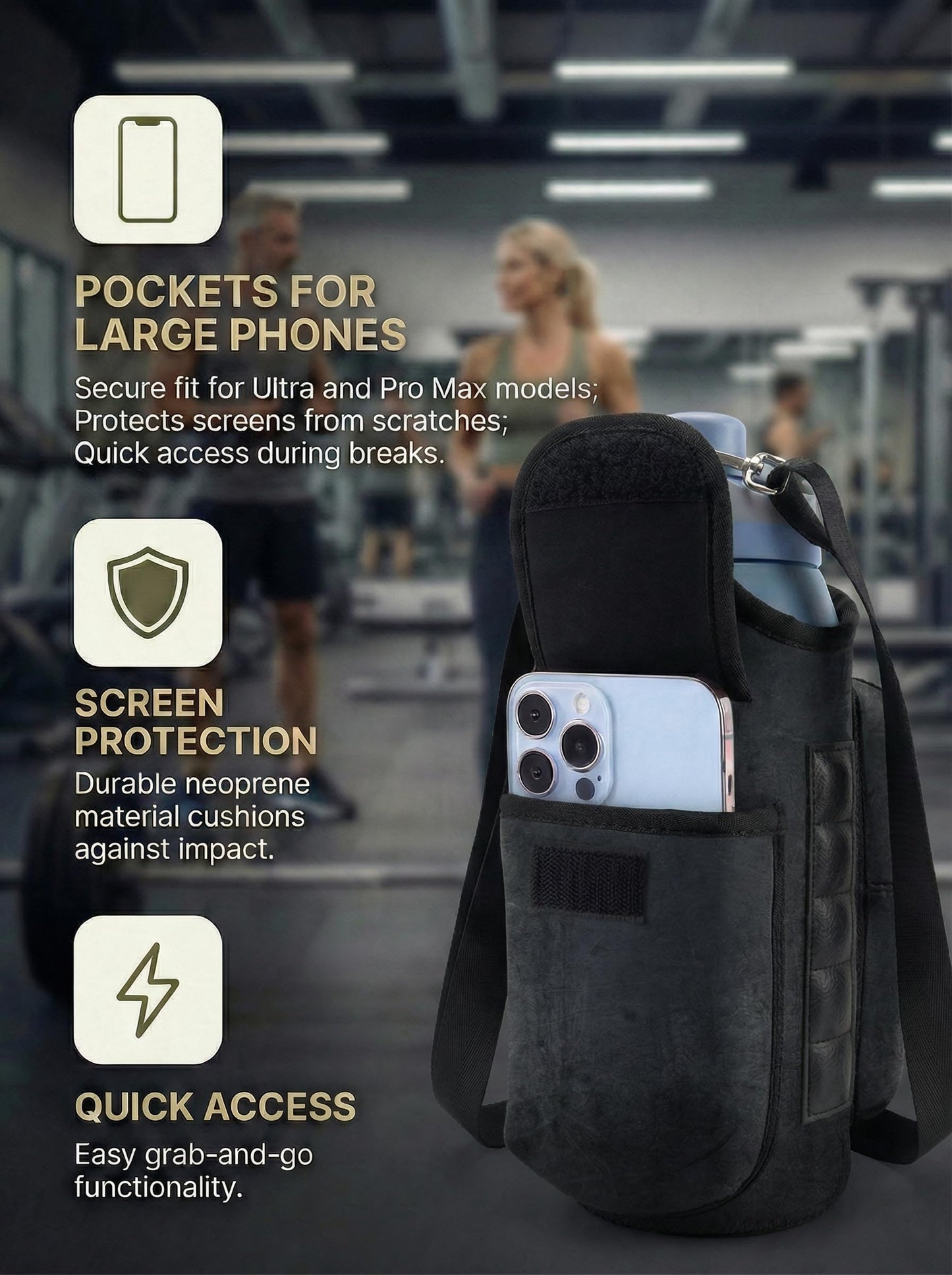 AORTDES Magnetic Gym Bag Water Bottle Holder for 18-40 oz Bottles, Neoprene Pouch with Phone Pockets, Workout Gym Accessories for Men Women,Small Gym Bag Essentials (Industrial Black)
