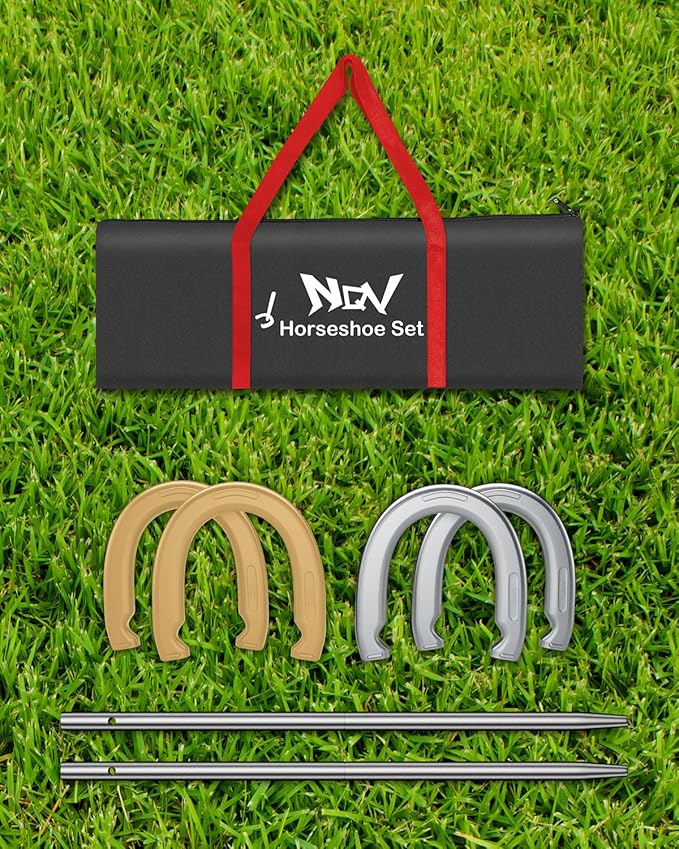 NQV Horseshoe Outdoor Game Set ?“Horse Shoe Game Kit,Sports Horseshoes Sets, Includes 4 Steel Horseshoes, 2 Metal Stakes & Carry Bag ??Perfect for Lawn, Backyard, or Tailgating