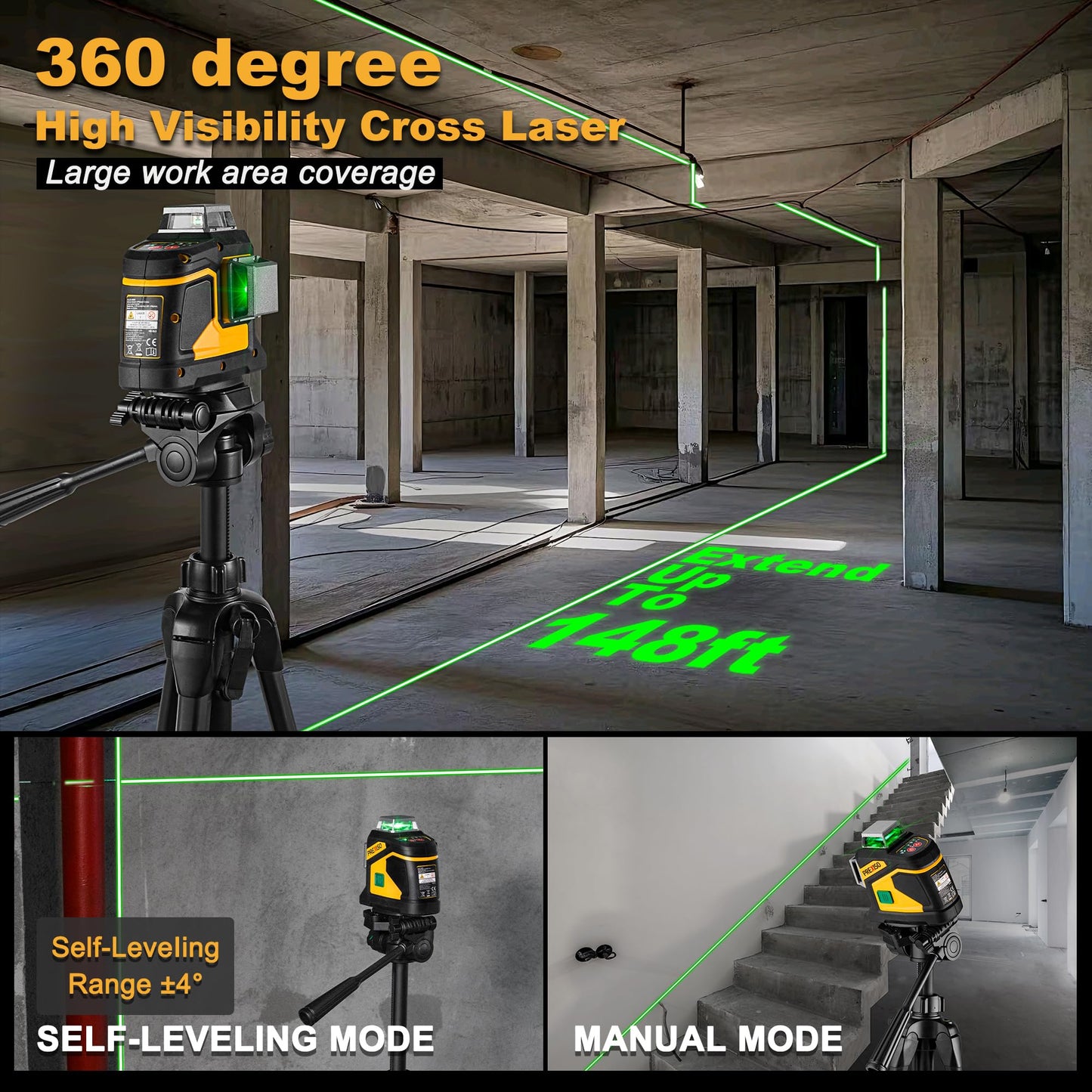PREXISO Laser Level 3 X 360° Self Leveling with 47 In. Tripod, IP54 Rechargeable 100Ft Green Lazer Leveler Tool for Construction, Home Renovation with Magnetic Base, Battery Adapter, Case, Accessories