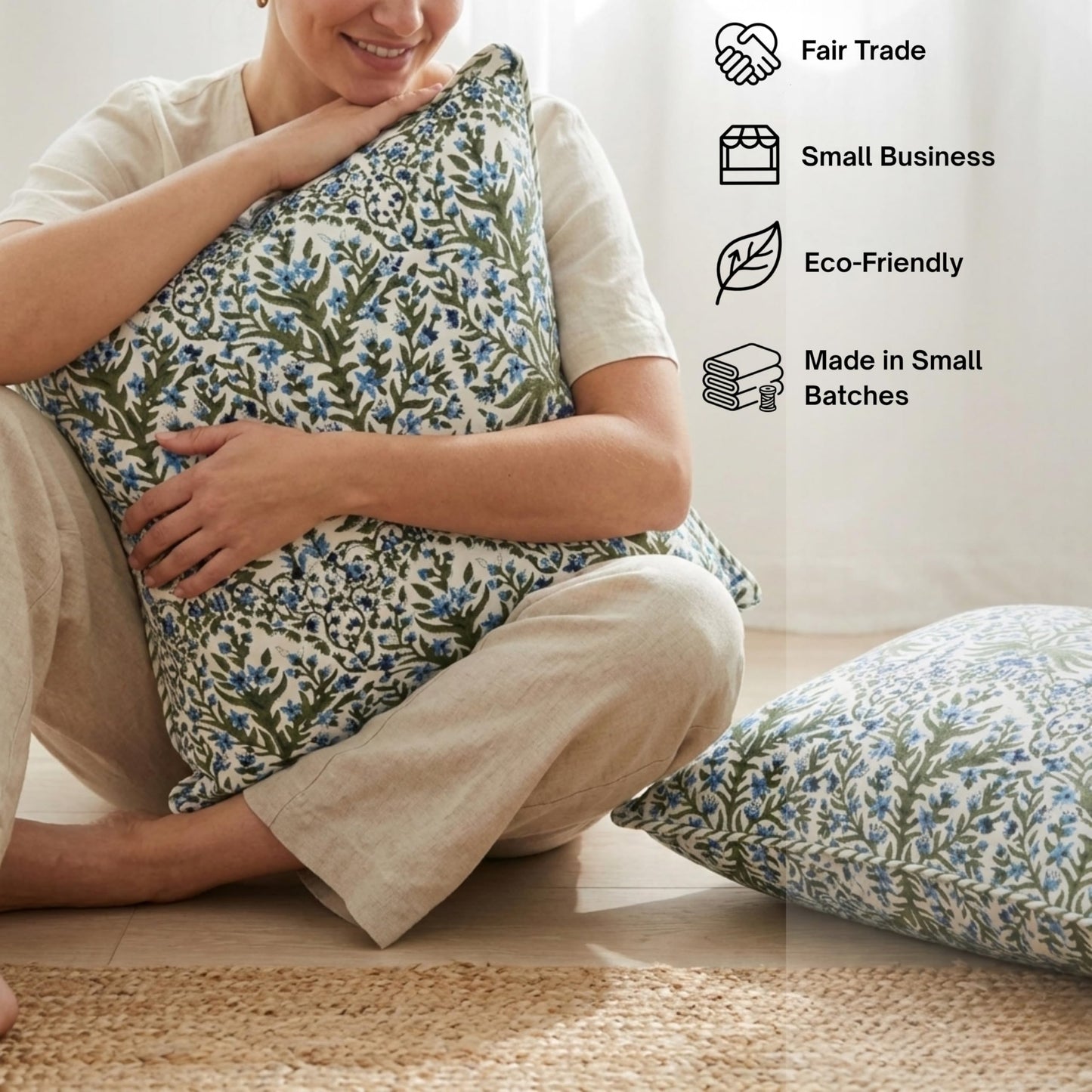 ATOSII Block Print Throw Pillow Cushion Covers, 24" X 24" - Set of 2, Decorative Couch Pillows for Living Room Bed Sofa, 100% Cotton Canvas Pillow Case for Home Decor & Outdoors - Nargis Blue