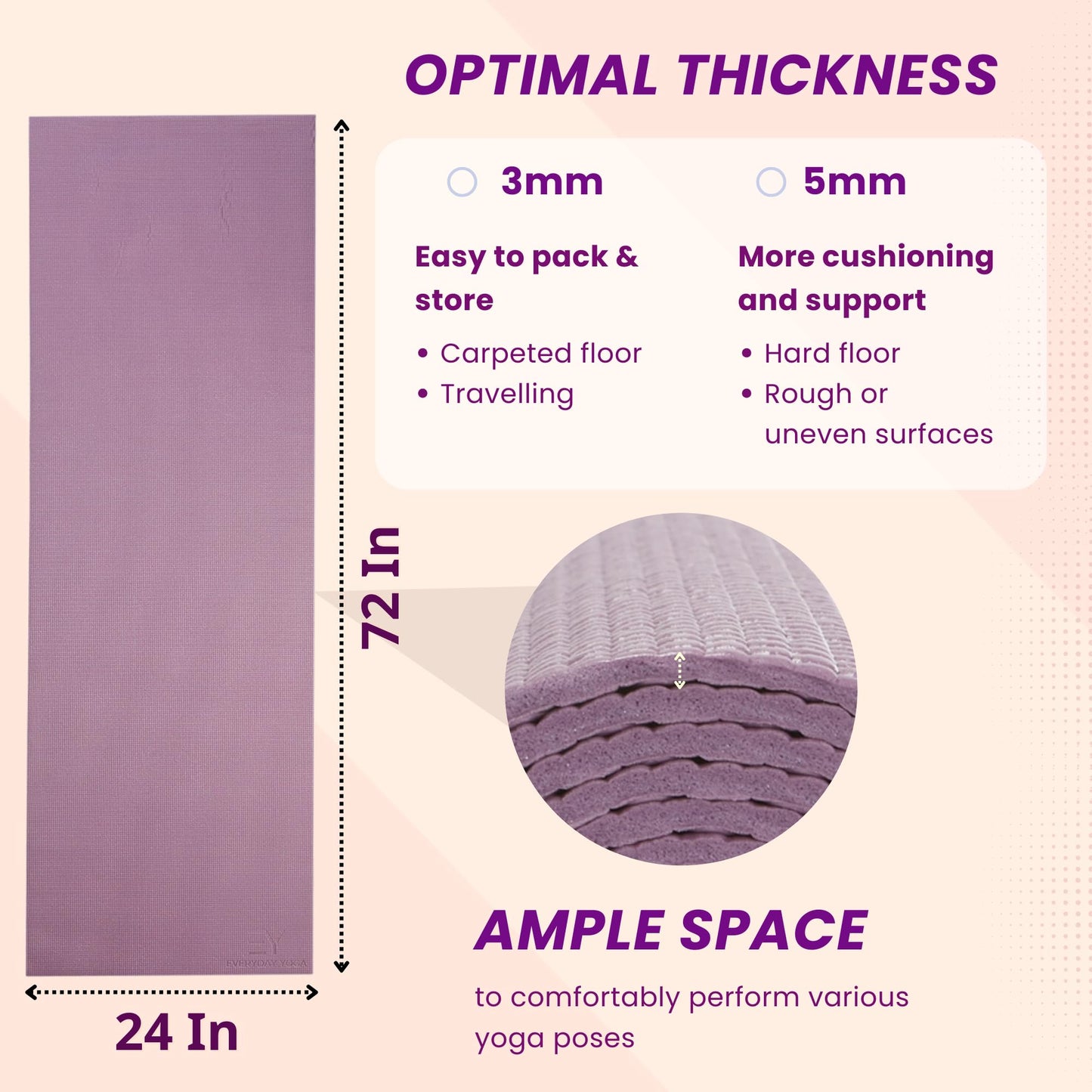 Everyday Yoga Mat 72 Inch 5mm – Premium Yoga Gear, Non-Slip Design & Lightweight Support for Home, Studio & Mindful Practice - Lilac