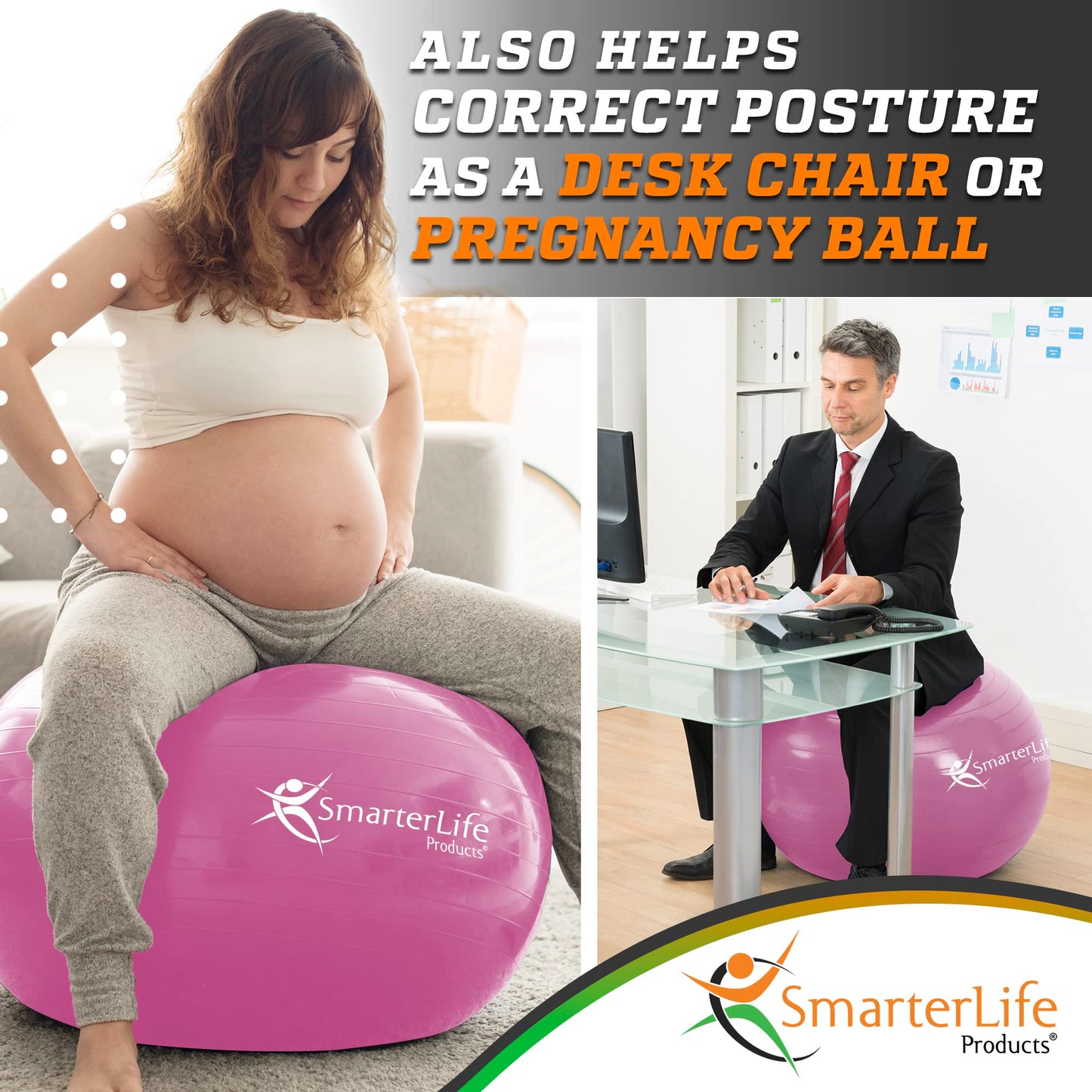 SmarterLife Exercise Ball Yoga Ball for Fitness, Balance, Stability, or Pregnancy, Gym Ball for Core Workout, Physical Therapy, Yoga Ball Chair for Office, Anti-Slip Anti-Burst (65 cm, Pink)