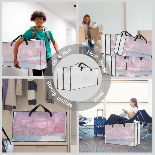 Heavy Duty Moving Bags - Extra Large Clear Storage Bags with Zipper & Handles for Easy Packing