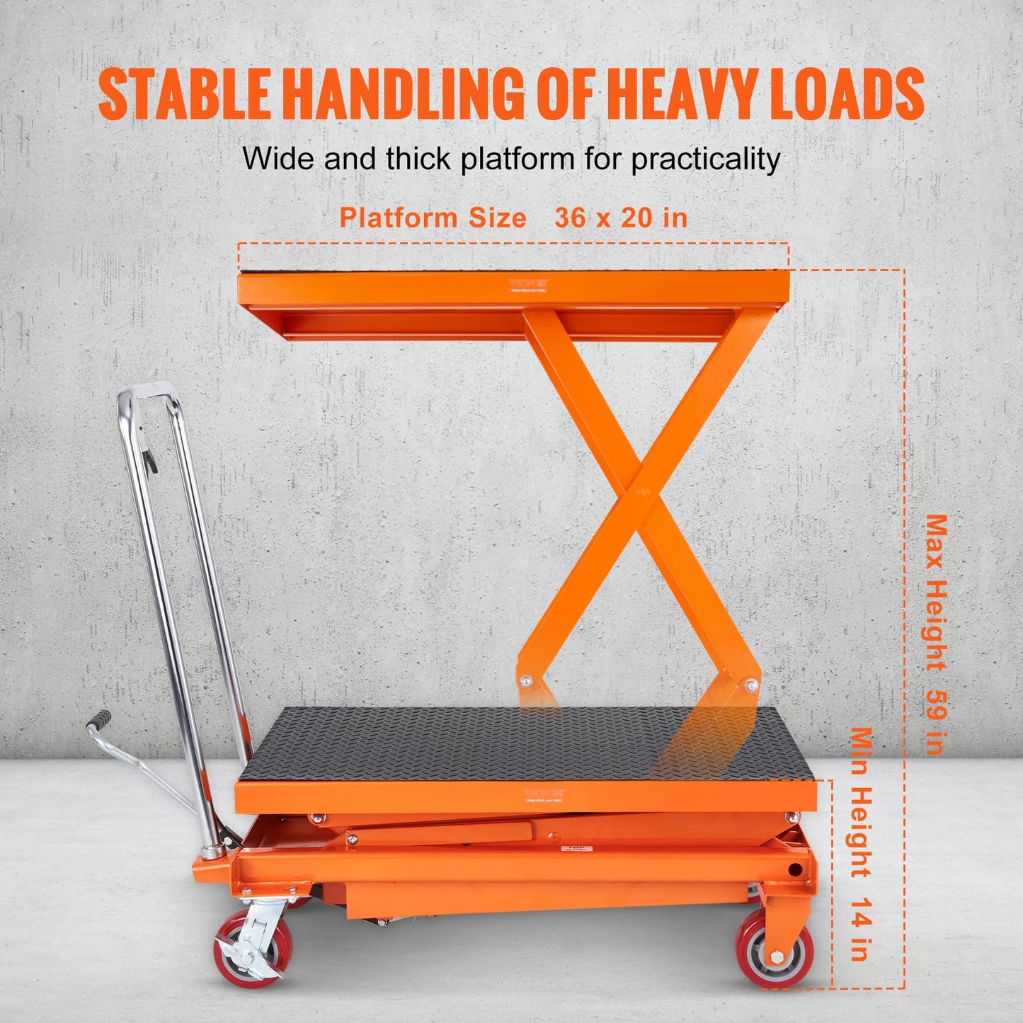 VEVOR TFD35 Hydraulic Lift Table Cart, 770lbs Capacity 59" with 4 Wheels and Non-Slip Pad, for Material Handling and Transportation, Orange