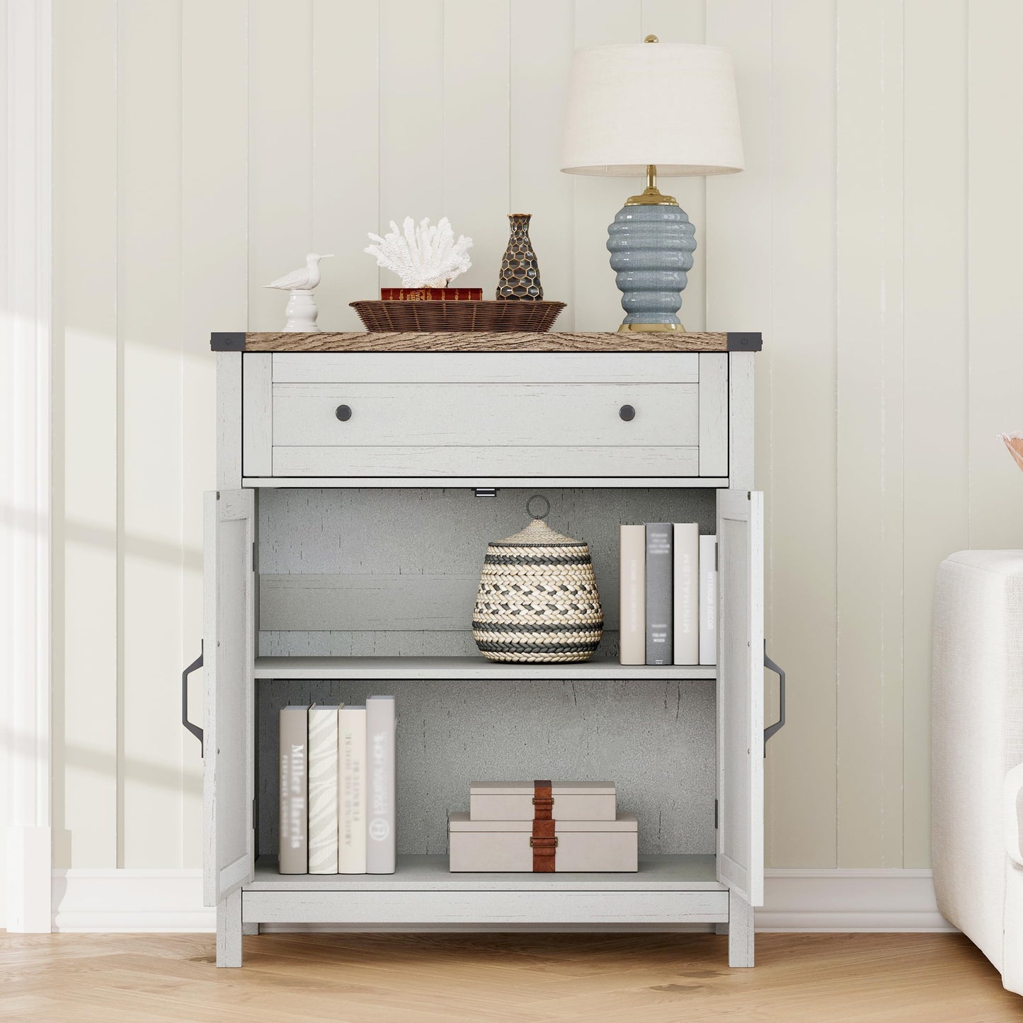 ChooChoo Kitchen Storage Cabinet, Coffee Bar Cabinet, Farmhouse Buffet Sideboard with Drawer for Kitchen, Living Room, White