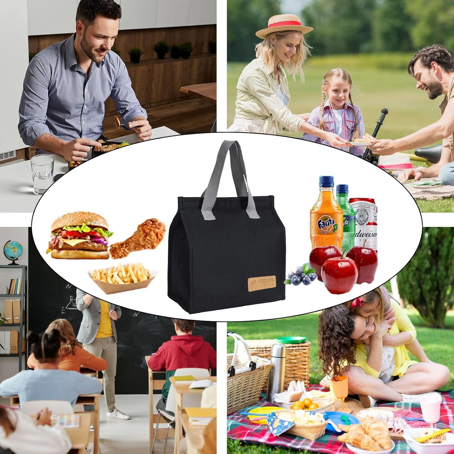 Skiennix Waterproof Lunch Bag - Reusable Portable Tote for Work, Travel & Picnics | Light Black