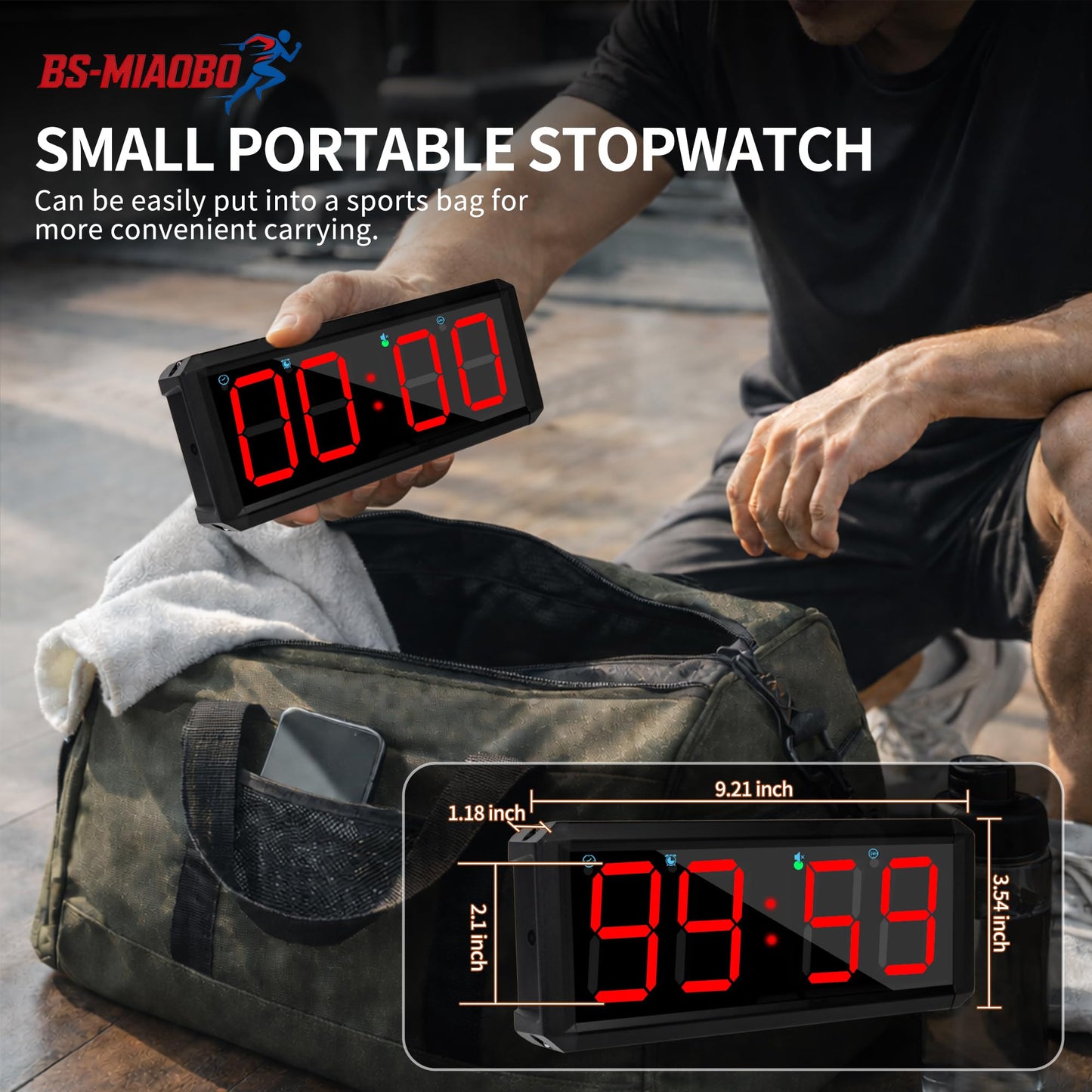 BS-MIAOBO 2.1 Inch LED Gym Clock, Portable Gym Timer, Fitness Timer with Stopwatch, Multi-Mode Countdown Timer with Calendar, 12/24H Clock & Alarm, for Workout, Training, Home and Daily Use