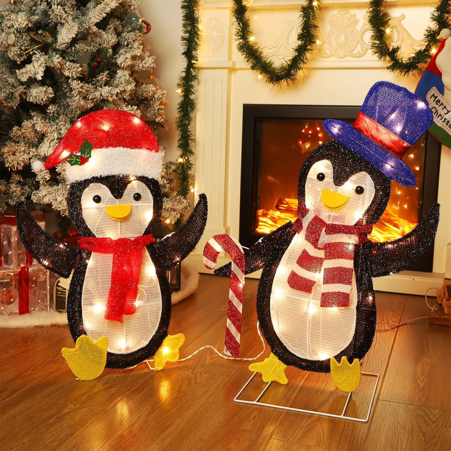 WATERGLIDE Lighted Christmas Tinsel Penguins - Pre-Lit 2D Stacked Design for Indoor/Outdoor Holiday Decor