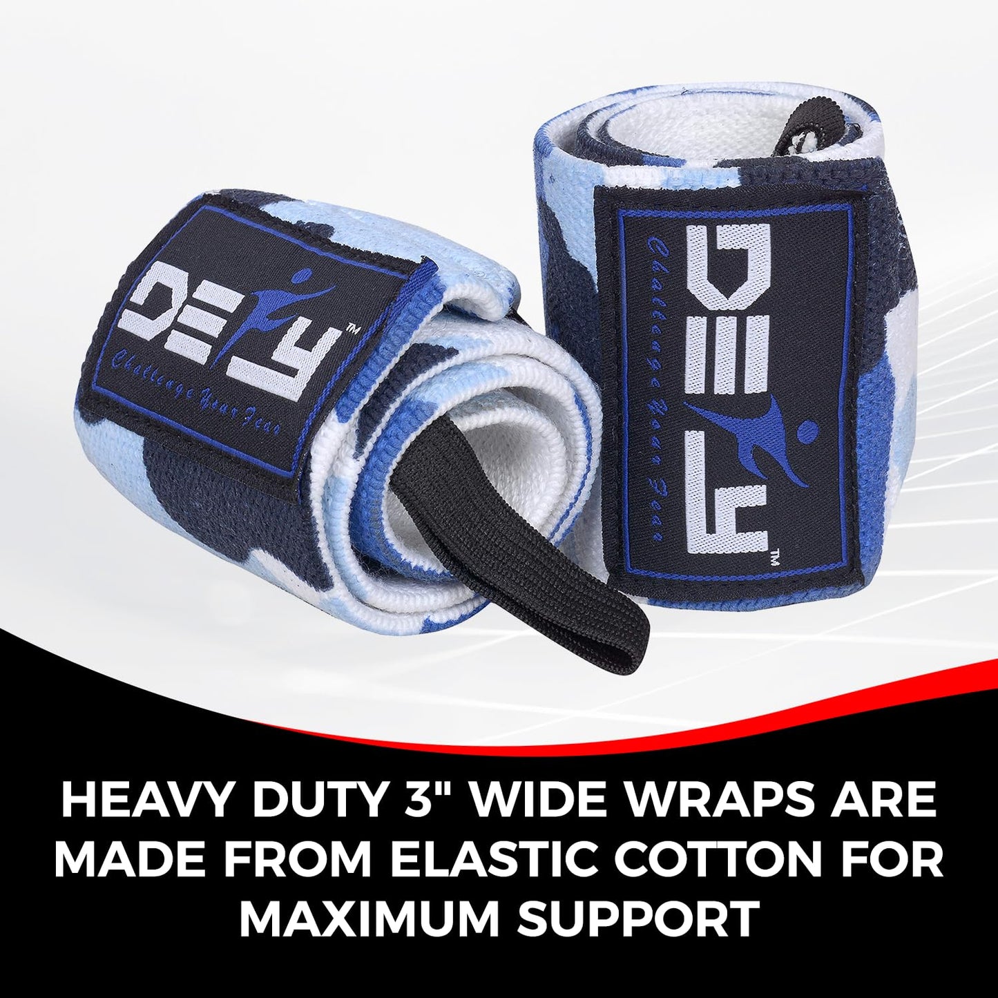 DEFY 18” Weightlifting Wrist Wraps – Professional Fitness Wrist Wraps for Men & Women with Thumb Loop - Wrist Support for Weightlifting, Strength Training, Powerlifting & Bodybuilding (Blue Camo)