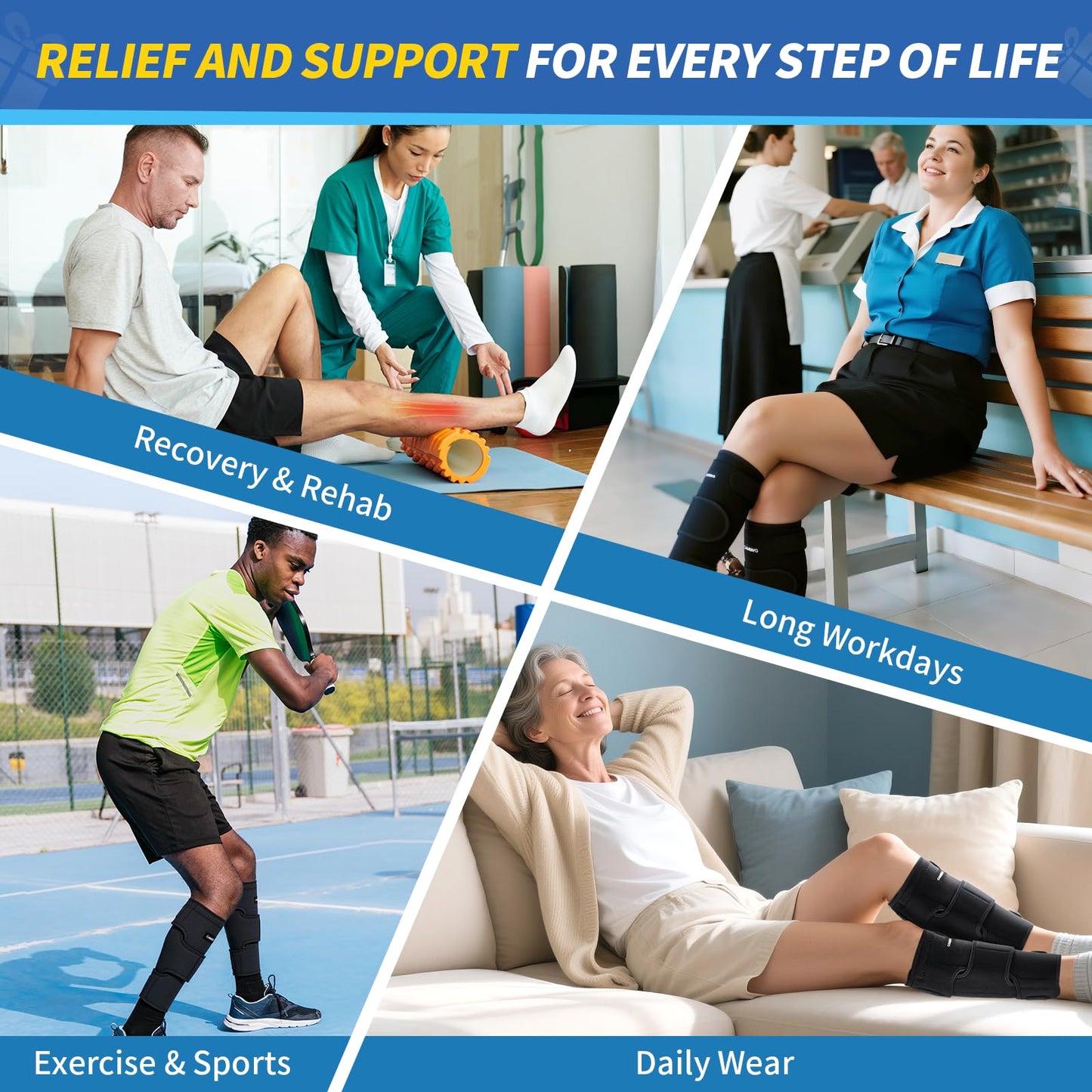 Calf Brace for Torn Calf Muscle - 2 Pack Adjustable Neoprene Compression Sleeve & Wrap Support for Shin Splints, Strain, Leg Pain Relief - Calf Compression Sleeve for Men & Women (Black, Large)