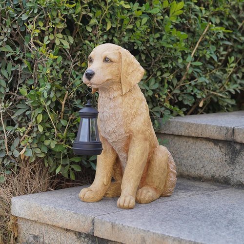 Cynkeyee Golden Retriever Puppy Statue - Solar Outdoor Dog Figurine for Garden Decor | 13.5x7.5x15.5 Inch
