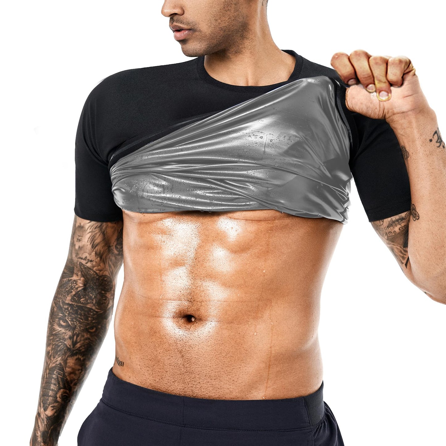 BODYSUNER Sauna Sweat Suits Shirt Waist Trainer for Men Compression Vest Workout Gym Clothes Sweat Enhancer Short Sleeve (Sliver, M)