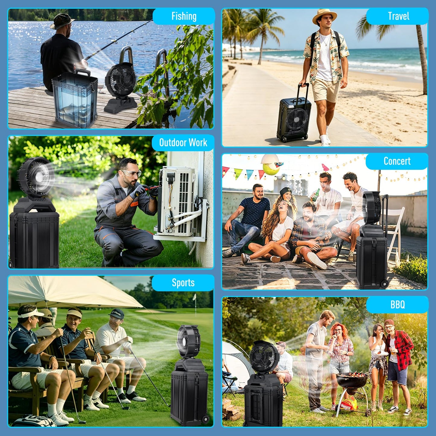 ZMLBTF Portable Misting Fan, 30L Water Tank Rolling Mist Fan, 30000mAh Rechargeable Outdoor Cooling Fan with Remote, 4 Speeds, 90° Oscillation, for Patio, Camping, Sports, Outside & Travel (Black)