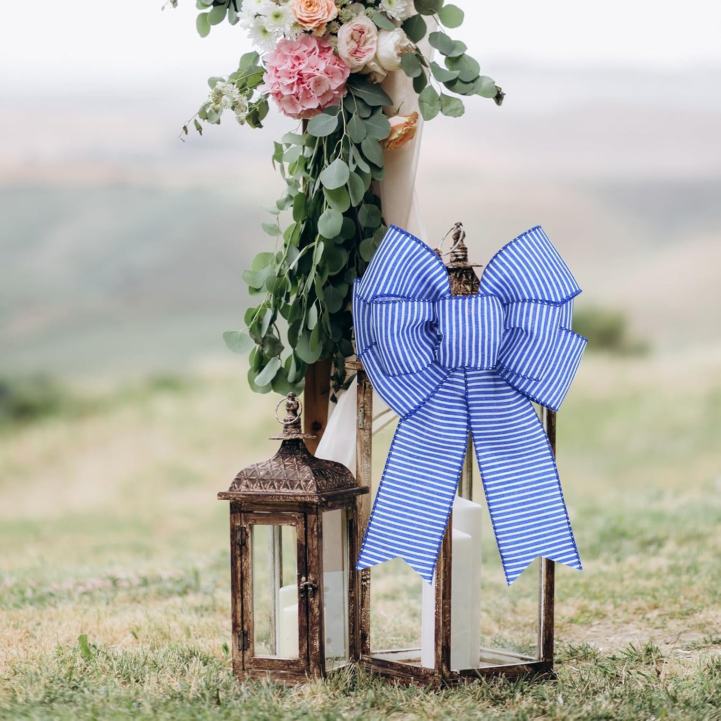 Regine Switzerland Blue & White Stripe Wreath Bows - Rustic Burlap Decor for Weddings & Parties
