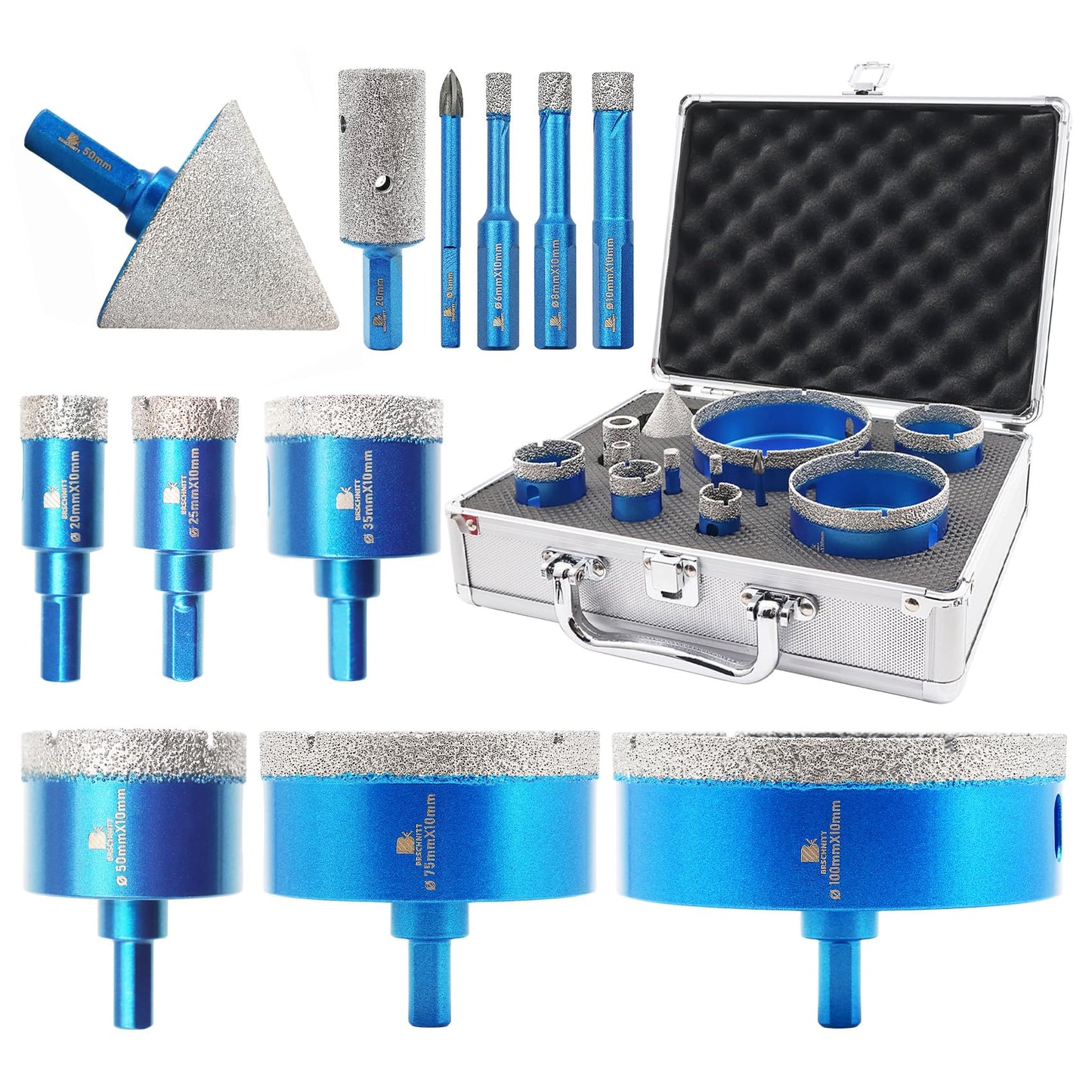 Diamond Core Drill Bit Set - BRSCHNITT Diamond Hole Saw Kit for Porcelain Tile Ceramic Marble Granite Drilling,Triangle Shank Drill（6+6/8/10/20/25/35/50/75/100mm&20finger bit&50chamfer bit）.
