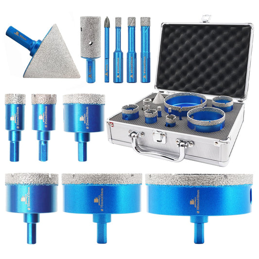 Diamond Core Drill Bit Set - BRSCHNITT Diamond Hole Saw Kit for Porcelain Tile Ceramic Marble Granite Drilling,Triangle Shank Drill（6+6/8/10/20/25/35/50/75/100mm&20finger bit&50chamfer bit）.