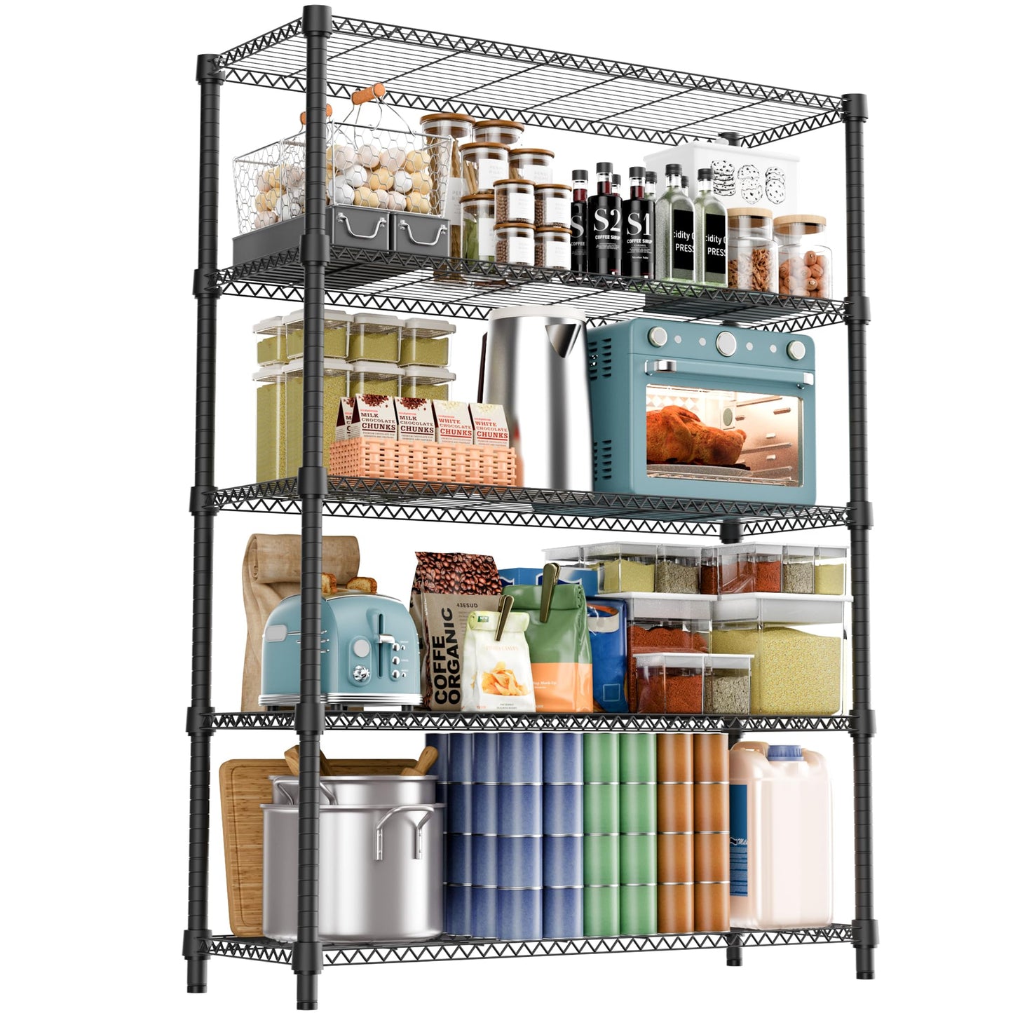 M MZG 1750LBS 47.2" W 5 Tiers Shelf Steel Storage Shelves Shelving Unit Steel Organizer Wire Rack for Home,Kitchen,Office,Garage Black 17.7" D x 47.2" W x 72.4" H