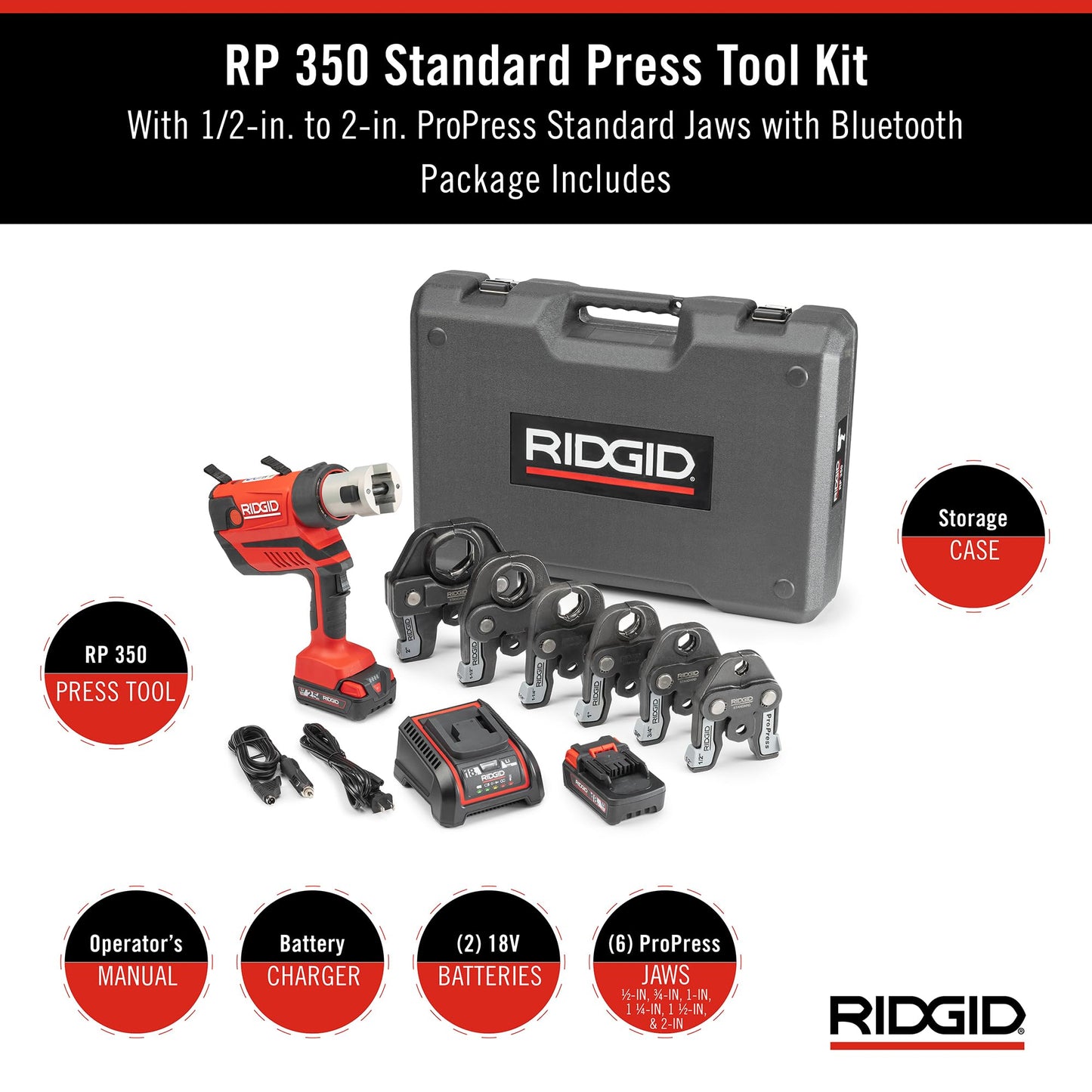 RIDGID 67053 RP 350 ProPress 8-Piece Pressing Tool Kit with 18-Volt Battery, Charger, 4 ProPress Press Tool Jaws (1/2" to 2"), and Case