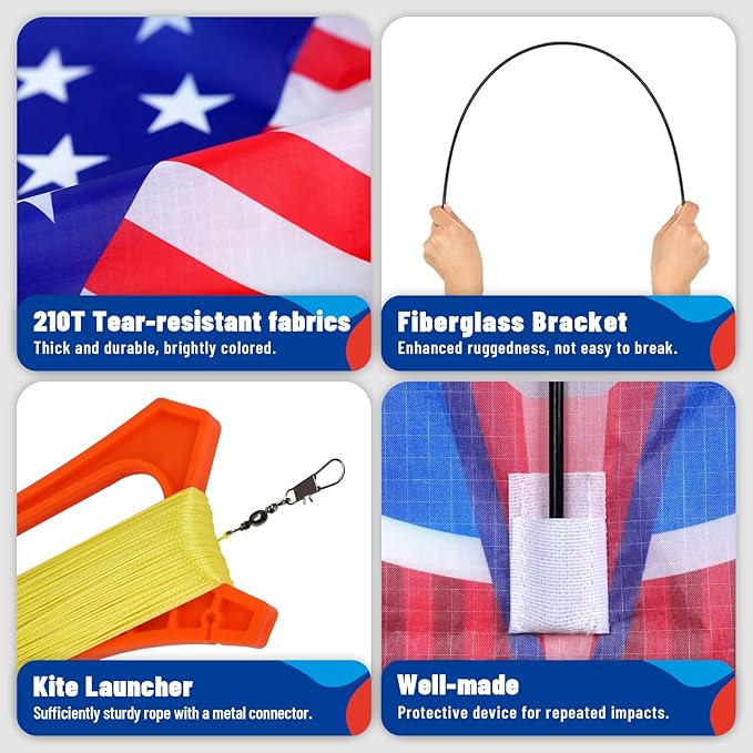 Flag Airplane Kite Easy to Fly Kids Kites for Ages 3-5, Huge Size Durable Beach Kite for Family Outdoor Games & Activities, Perfect for Kids and Adults (Flag Airplane Red Blue)