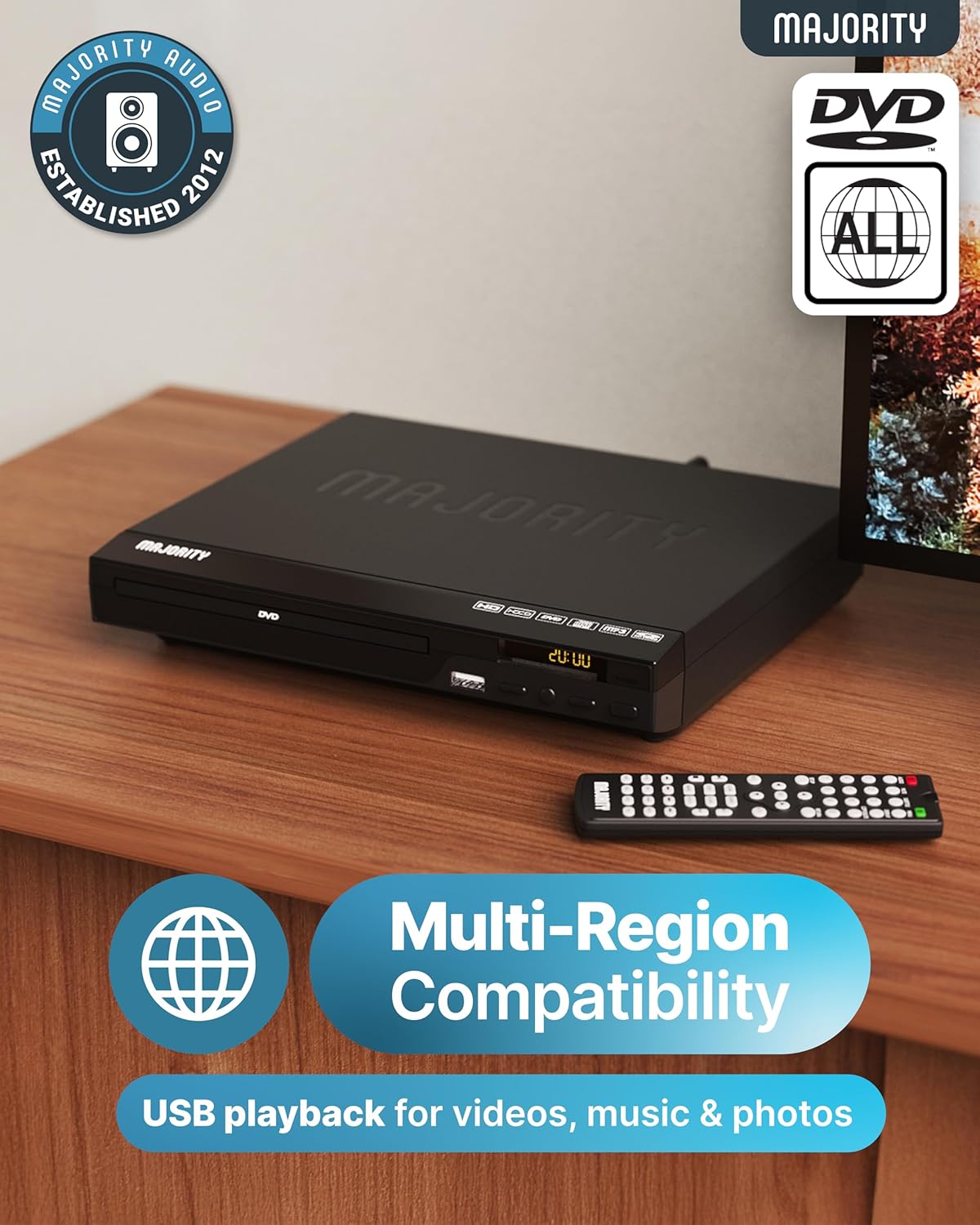Majority 2026 1080P MP3 Model HDMI DVD Player for TV | Region Free DVD-Players for Smart TV | Mini DVD Player with USB