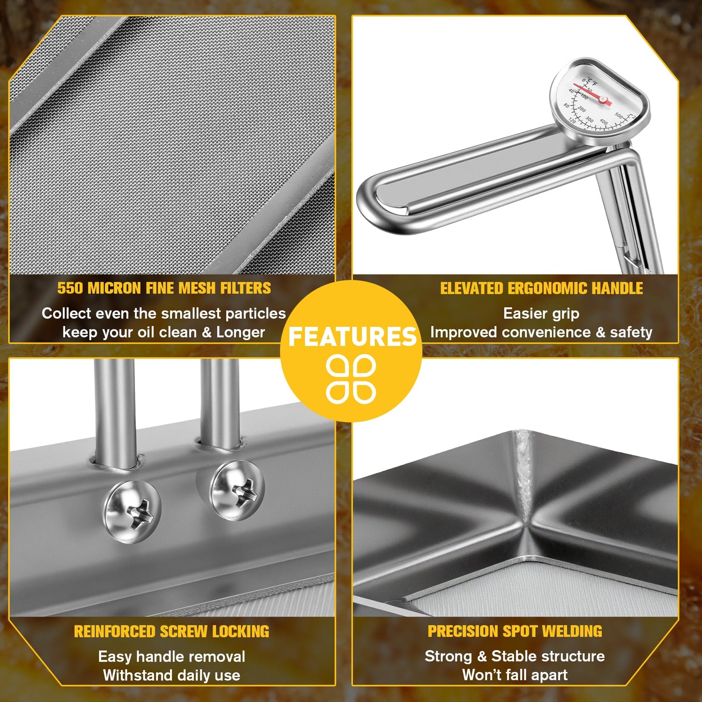 AF45 Commercial Deep Fryer Filter with Thermometer, 13.75" x 13.75", 304 Stainless Steel, Capture Grease & Debris Above 550 Microns, Extend Oil Life by 40%, Ideal for Commercial Kitchens & Restaurants