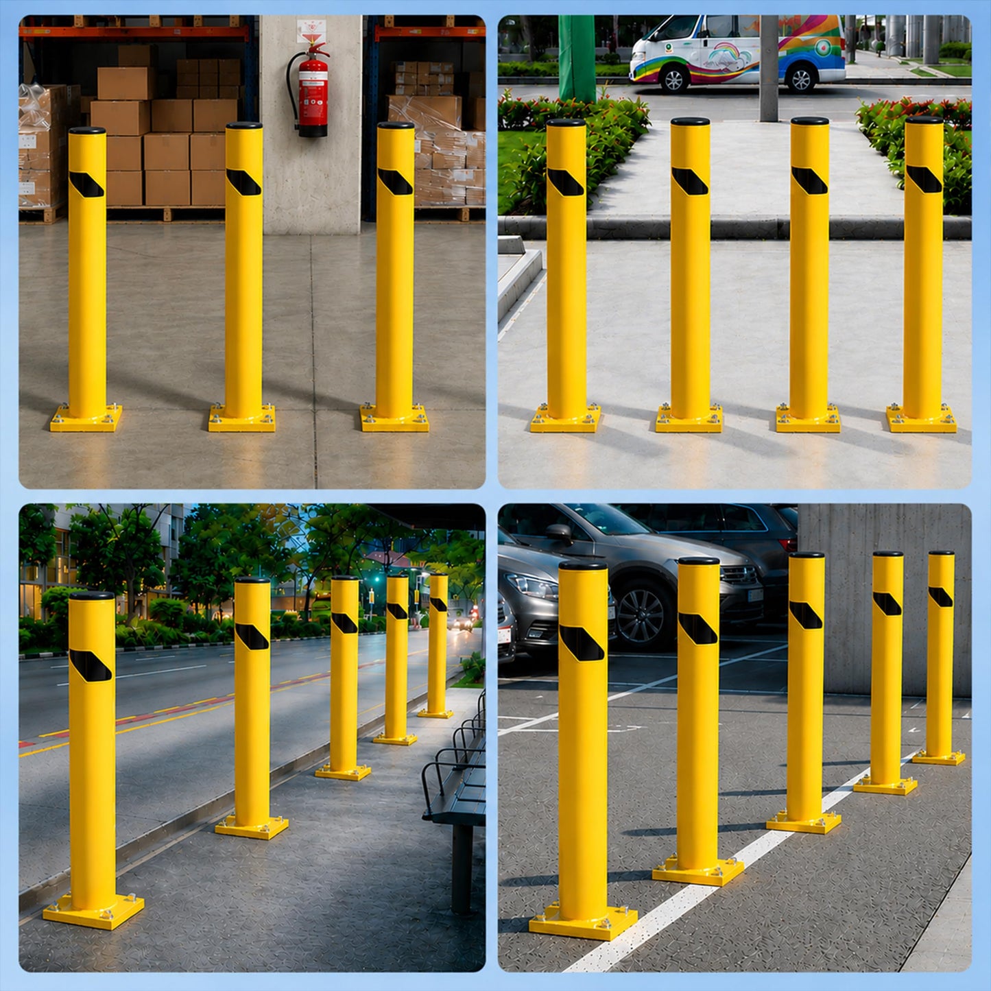 Trafford Industrial Yellow Powder-Coated Steel Safety Bollard, Heavy-Duty Bollard Post, Parking Barrier for Traffic Safety and Access Control, Hardware Included