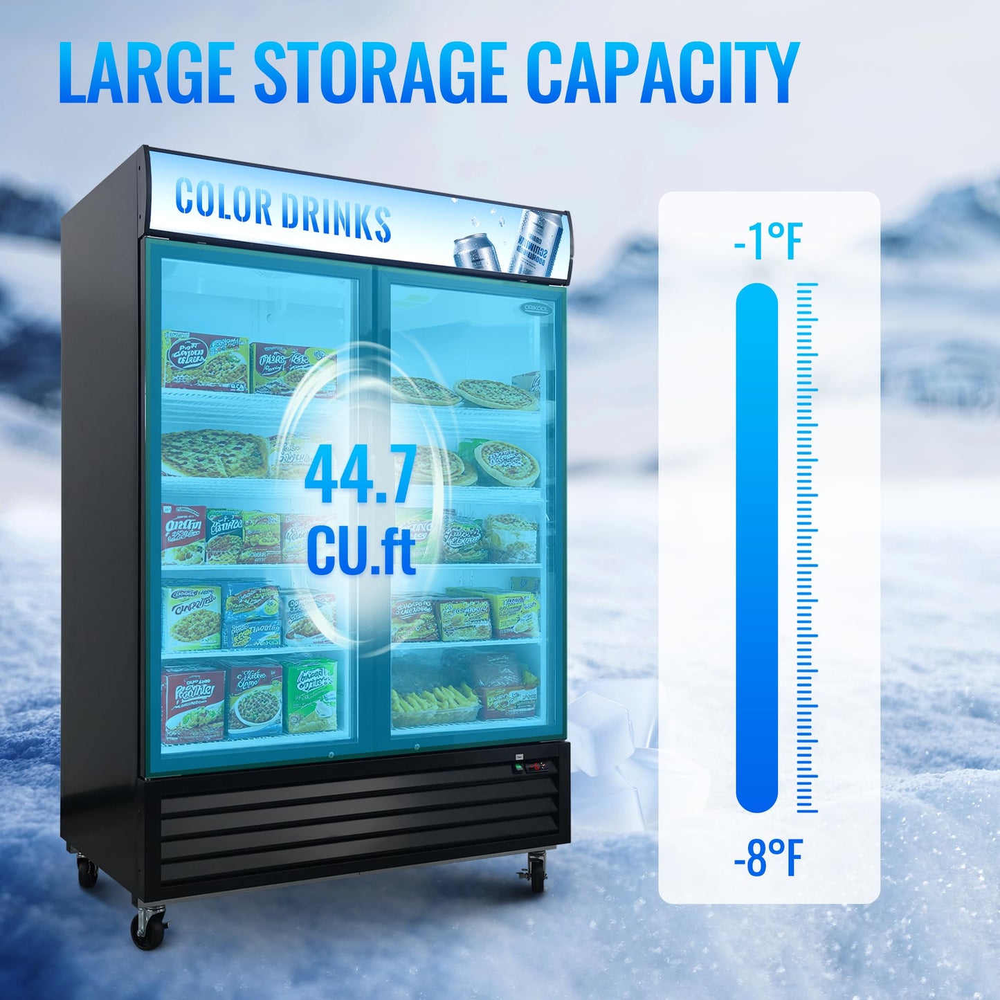 mikibama Glass Door Merchandiser Freezer, 44.7 Cu.ft Swing Door Commercial Reach-In Display Refrigerator with LED Top Panel Upright Freeze Storage, Double Cabinet, Black