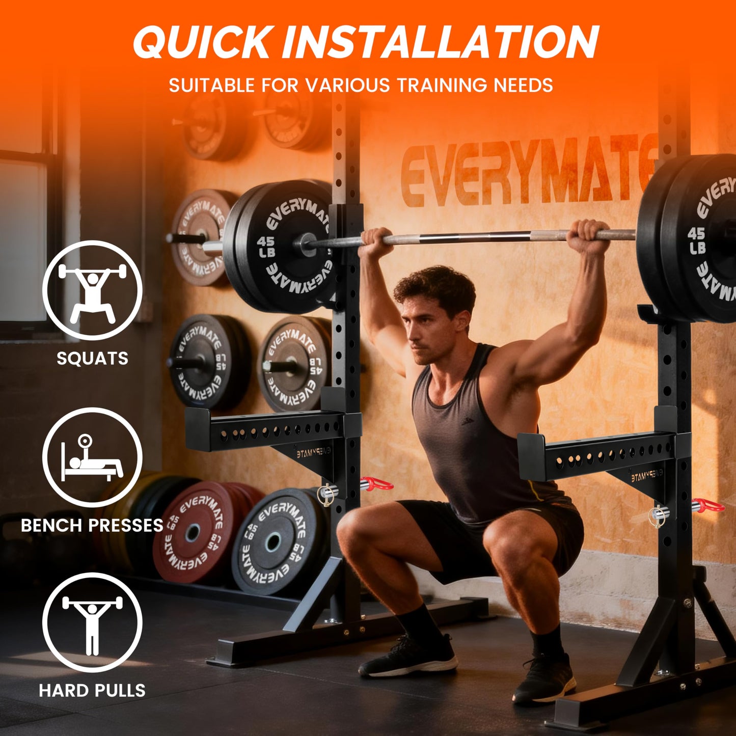 EVERYMATE Safety Spotter Arms, Fits 3"x3" Power Racks with 1" Holes, Heavy Duty 1000LBS Capacity Squat Rack Safety Bars with UHMWPads for Home/Garage Gym Strength Training, Weight is 37LB