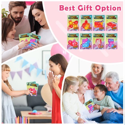 Amy&Benton 32 Pcs Mini Pop Bubble Fidget Toys, 8 Design Pop Squeeze Fidget Keychain Toys with Gifts Cards for Party Favors, Goodie Bag Stuffers Gifts for Kids School Classroom Exchange Game Prizes