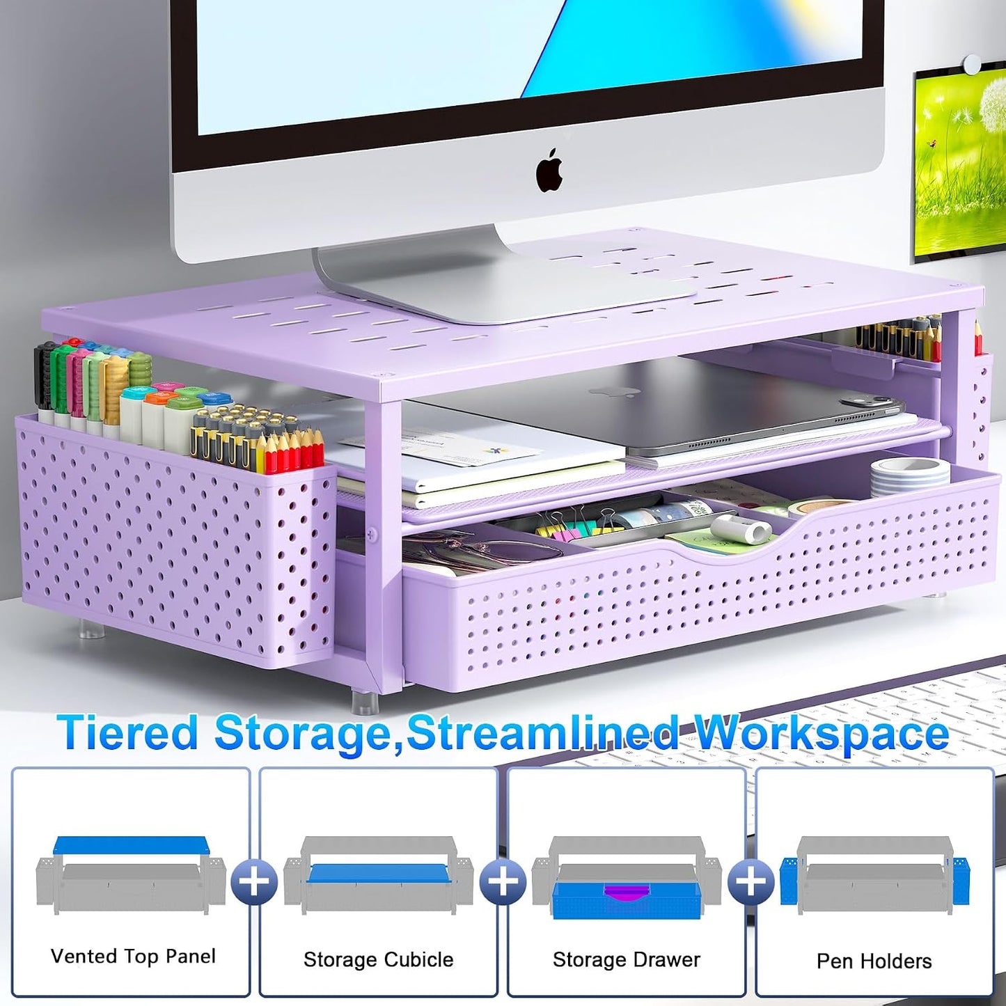 2 gianotter Desk Organizers and Accessories, Monitor Stand with Drawer and Pen Holder, Purple Desk Accessories