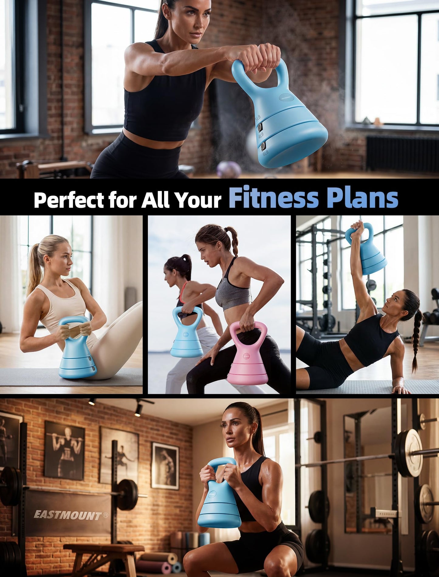EAST MOUNT 15LB Adjustable Kettlebell Set – 3-in-1 (5/9/15 LB), Compact Adjustable Weights, Wide Triangle Handle and Wrist-Friendly Design for Home Gym, Full-Body Workouts and Strength Training, Blue