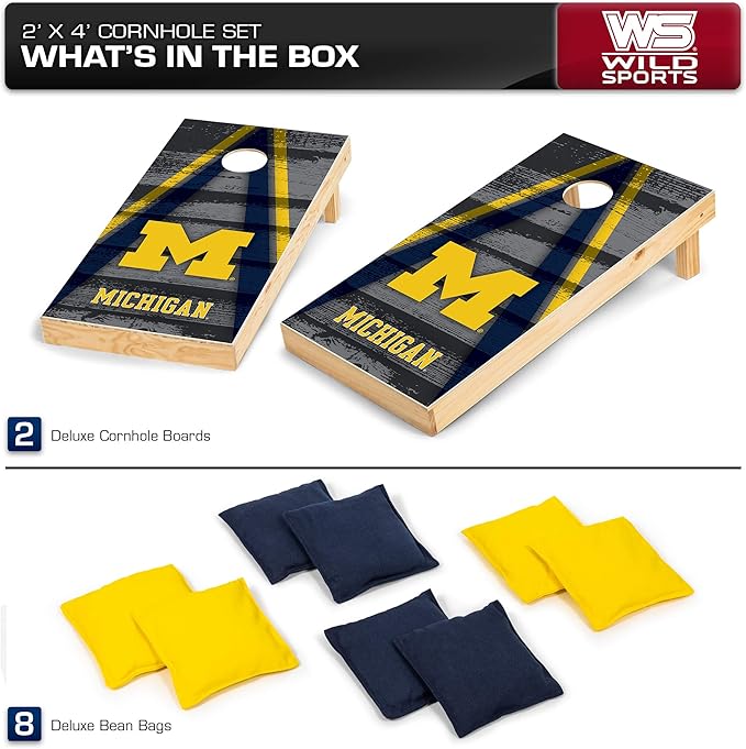 Wild Sports NCAA College 2' x 4' Wood Direct Print Tournament Cornhole Set, 8 Bean Bags, Vintage Triange Design - Tailgate, Outdoor, Backyard