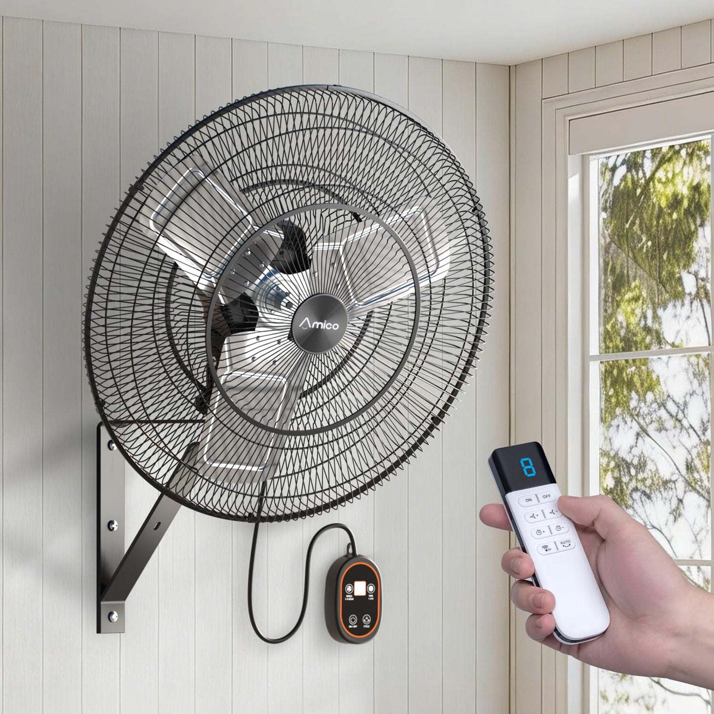 Amico 24 Inch Industrial Wall Mount Fan with Remote Control, DC Motor, 8 Speeds, 8690 CFM High Velocity, Oscillating Shop Fan with Timer for Gym, Patio,Garage, Outdoor