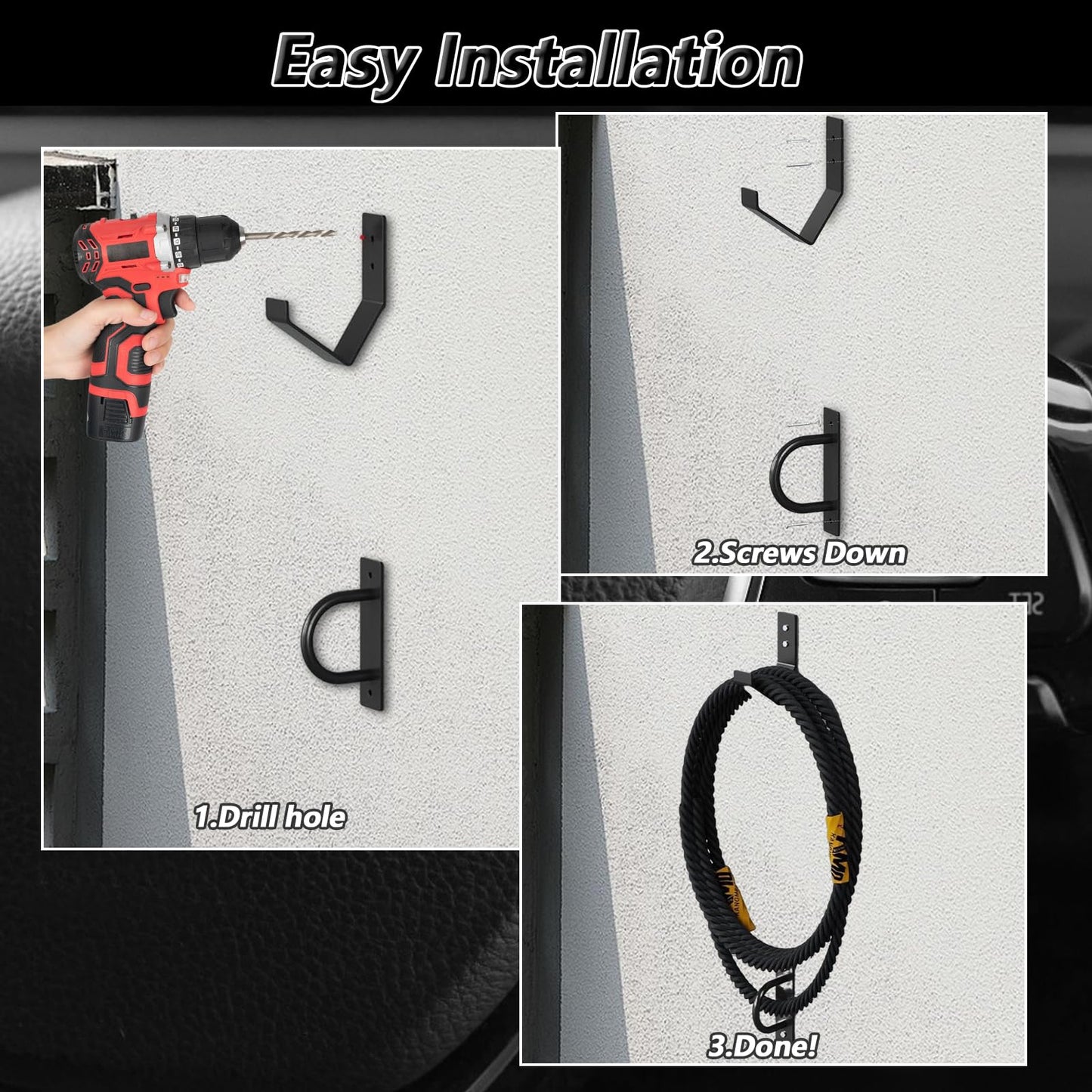 Pafeooui Battle Rope Wall Mount Kit, Heavy Duty Steel Anchor and Storage Hook for 30-50 Feet,1"-2.5" Ropes, Black