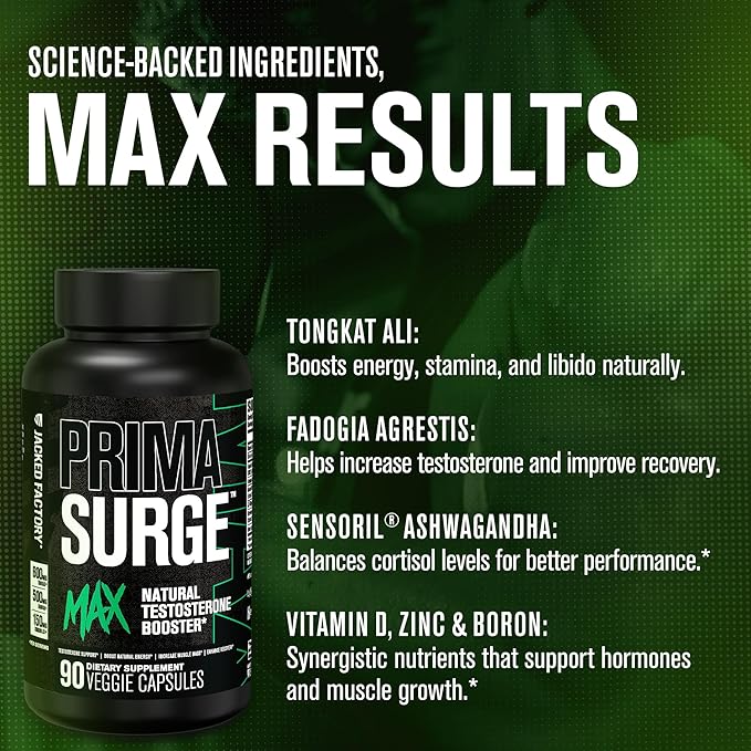 Jacked Factory Primasurge Max Testosterone Booster for Men - Natural Testosterone Supplement with Tongkat Ali, Fadogia Agrestis & Sensoril Ashwagandha - Test Booster for Muscle Mass - 90 Count