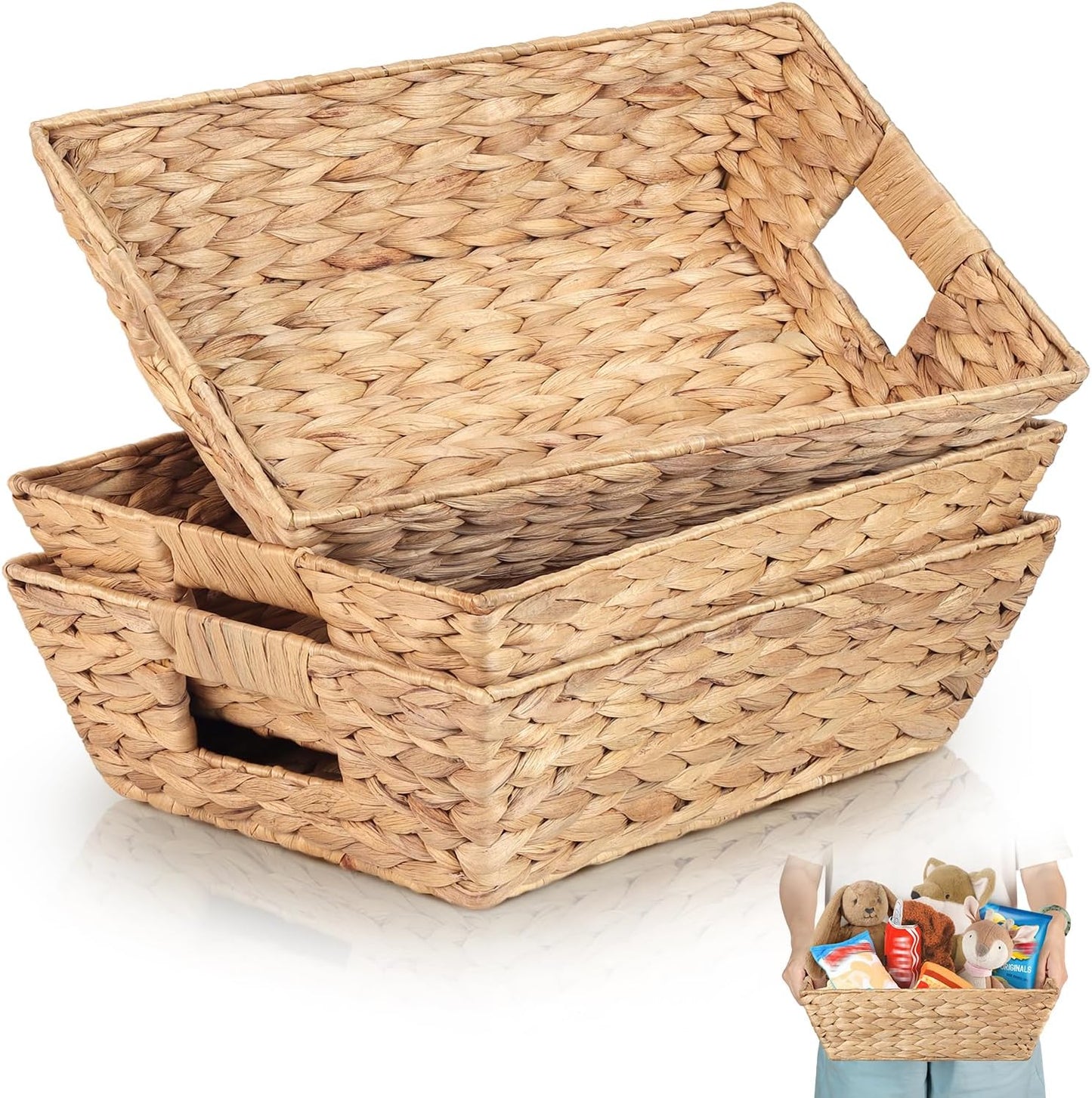 Water Hyacinth Snack Baskets by [Brand Name] - Set of 3 Wicker Organizers with Handles for Office Use
