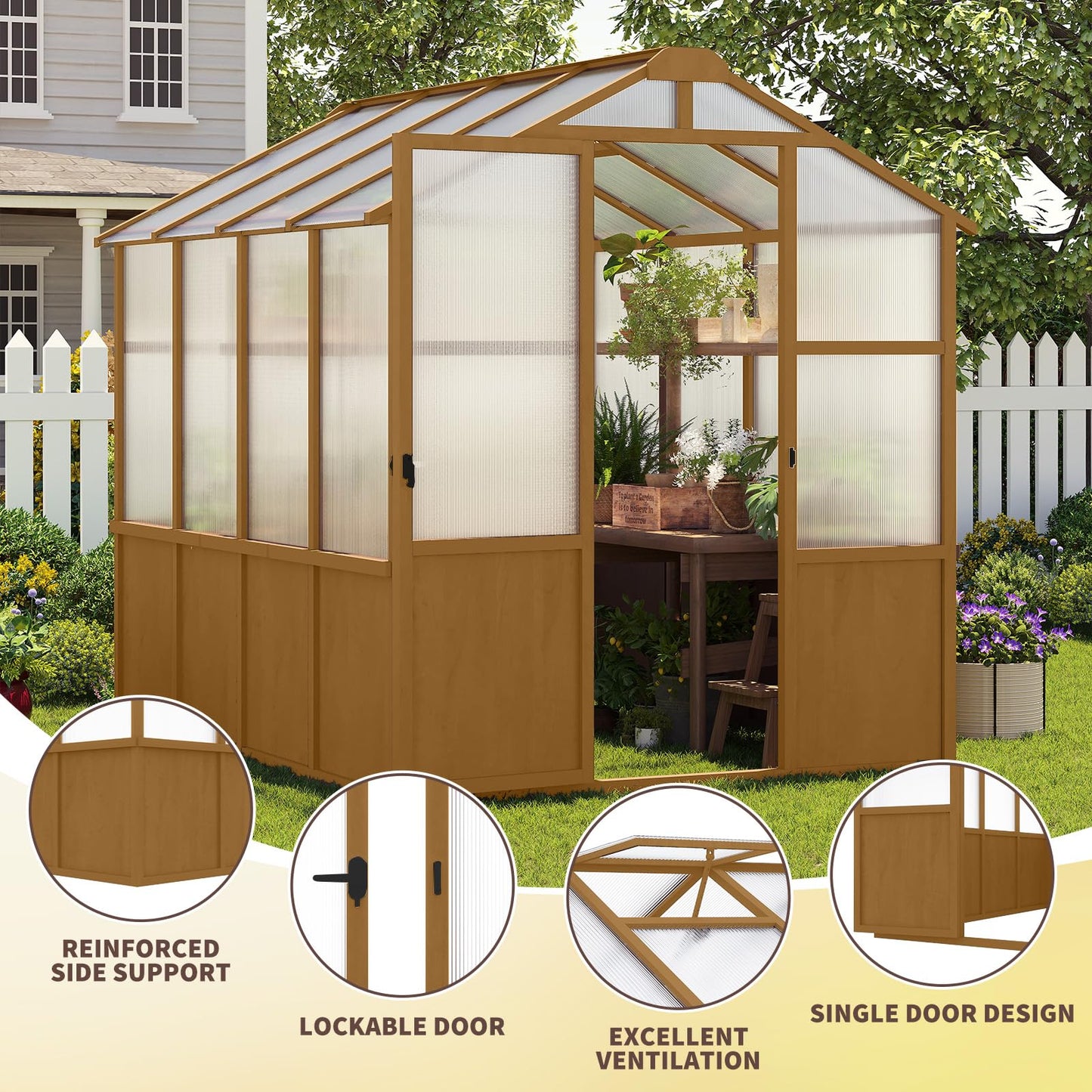 GDFStudio 6x8 FT Wooden Greenhouse for Outdoors, Walk-in Green House Kit with 6mm Polycarbonate Panels, Lockable Door, Adjustable Roof Vents, Outdoor Greenhouses for Garden Backyard Patio Lawn, Wood