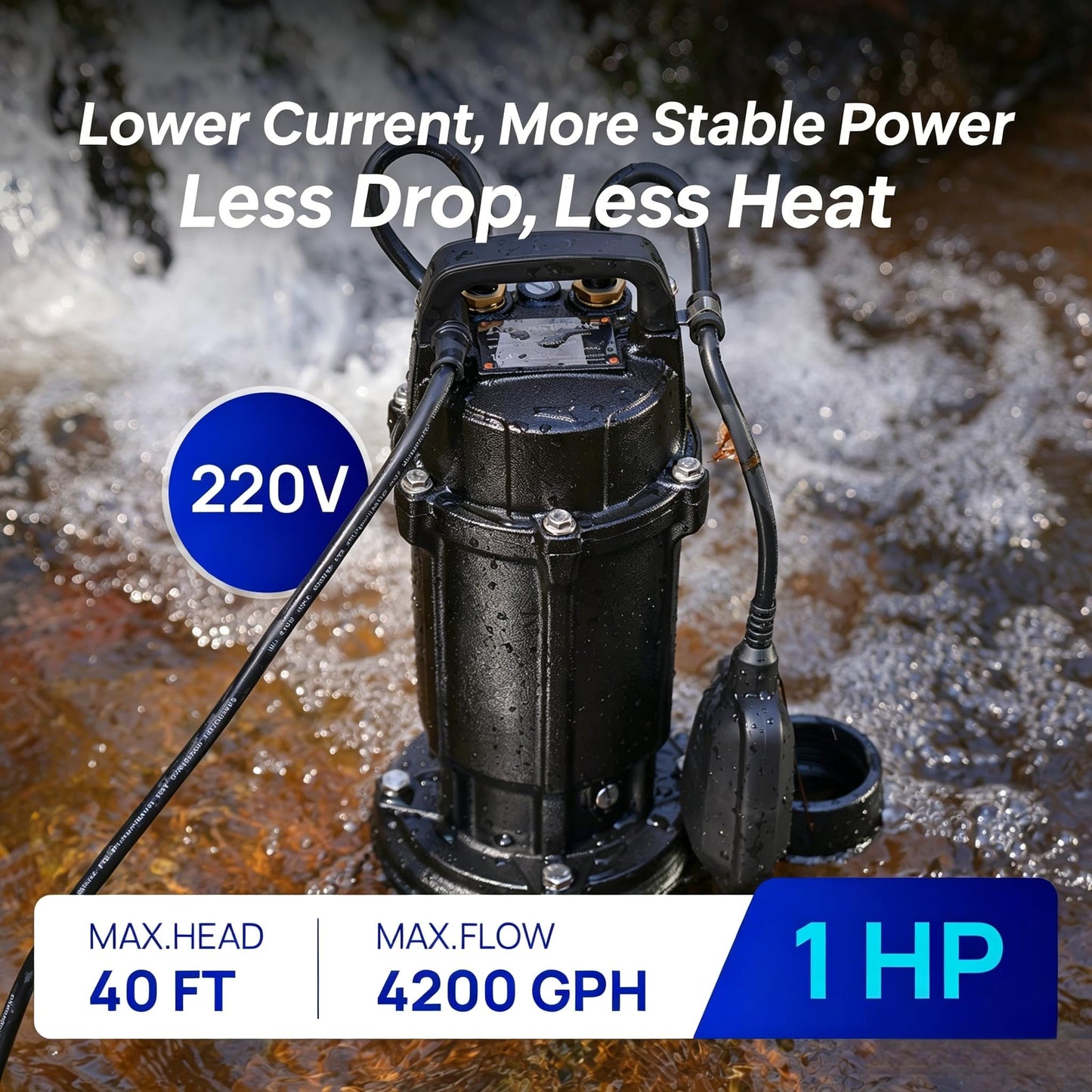 Aquastrong 1 HP Sewage Grinder Pump, 4200 GPH Sewage Pump 2 inch Discharge, Cast Iron Sump Pump Submersible with Auto Float Switch for Basement Sump Basin and Sewage Well, Dark