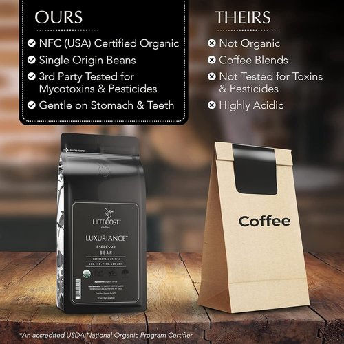 Lifeboost Organic Espresso Whole Bean Coffee - Low Acid, Non-GMO, USDA Organic | 12 oz Bag