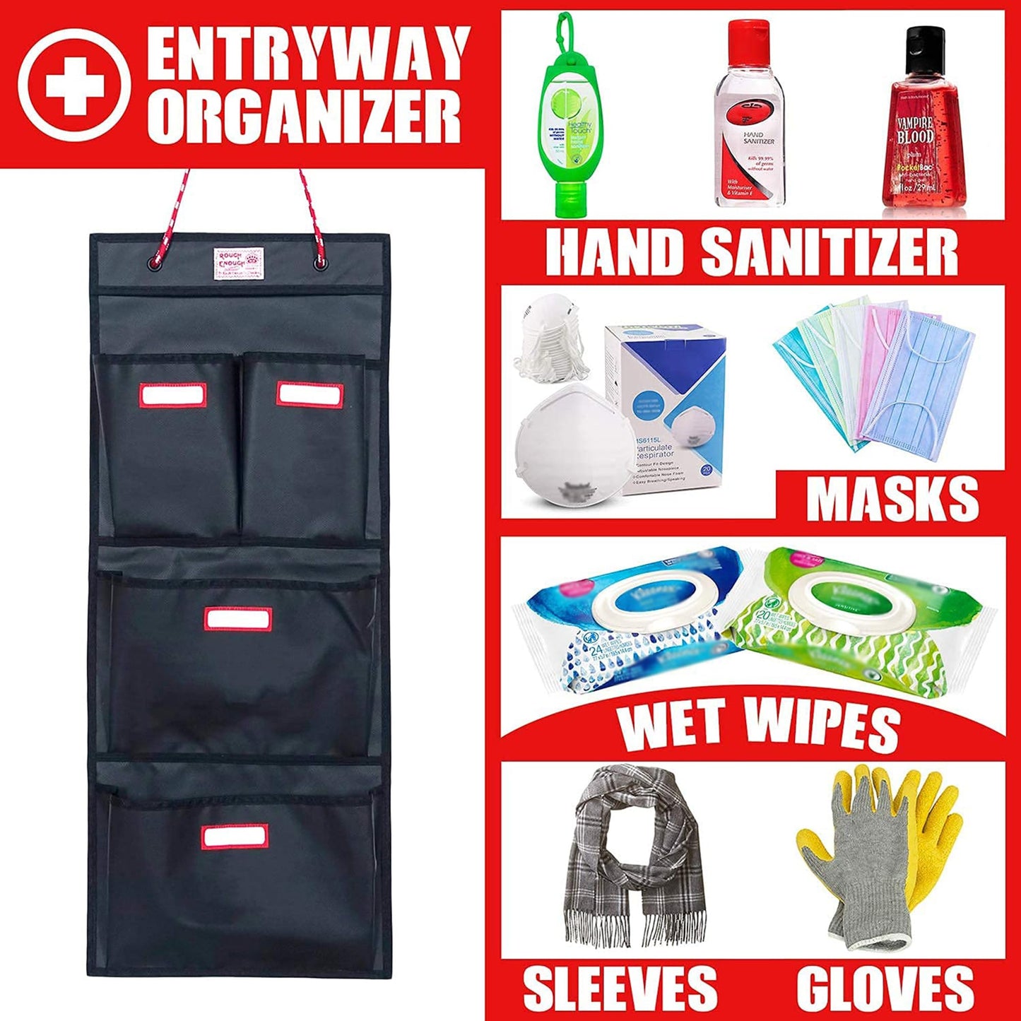 Rough Enough Locker Organizer Hanging Accessories Storage Organization with 4 Pockets for Work Door Gym Wall Black Tarpaulin
