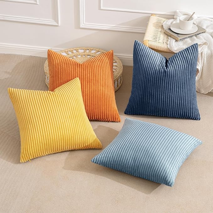 MIULEE Pack of 4 Blue-Orange Corduroy Decorative Throw Pillow Covers 20x20 Inch Soft Boho Striped Pillow Covers Modern Farmhouse Home Decor for Summer Sofa Living Room Couch Bed