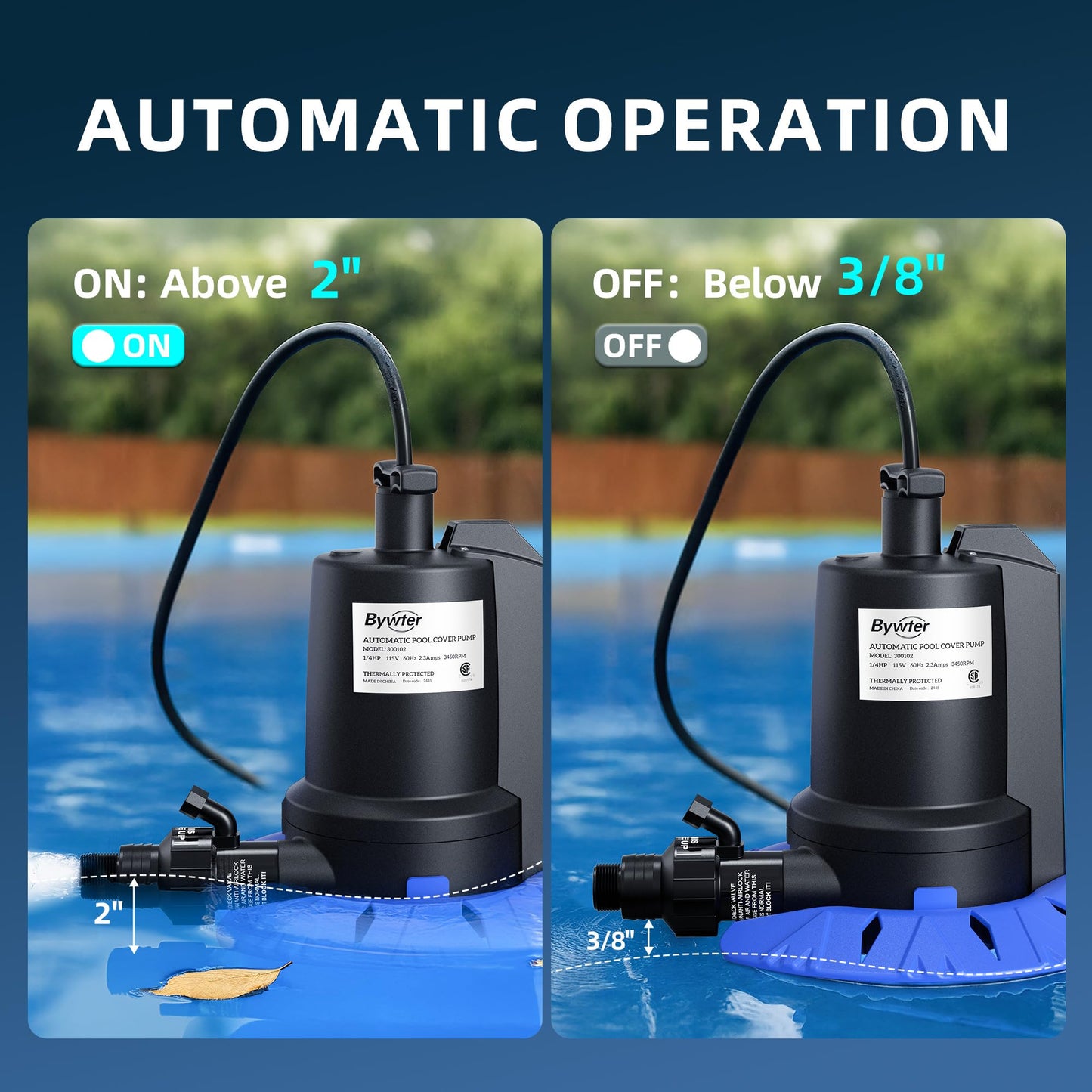 Bywter Pool Cover Pump, 1/4HP Automatic Swimming Pool Cover Pump, 1800 GPH Submersible Sump Pump with Check Valve Adapter for 3/4" & 1-1/4" Hoses and 25ft Power Cord, Water Removal for Pool Cover