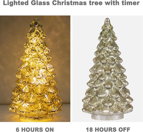 KI Store Lighted Glass Christmas Tree Figurine - Set of 3 Mercury Glass Decorations | Battery Operated with Timer