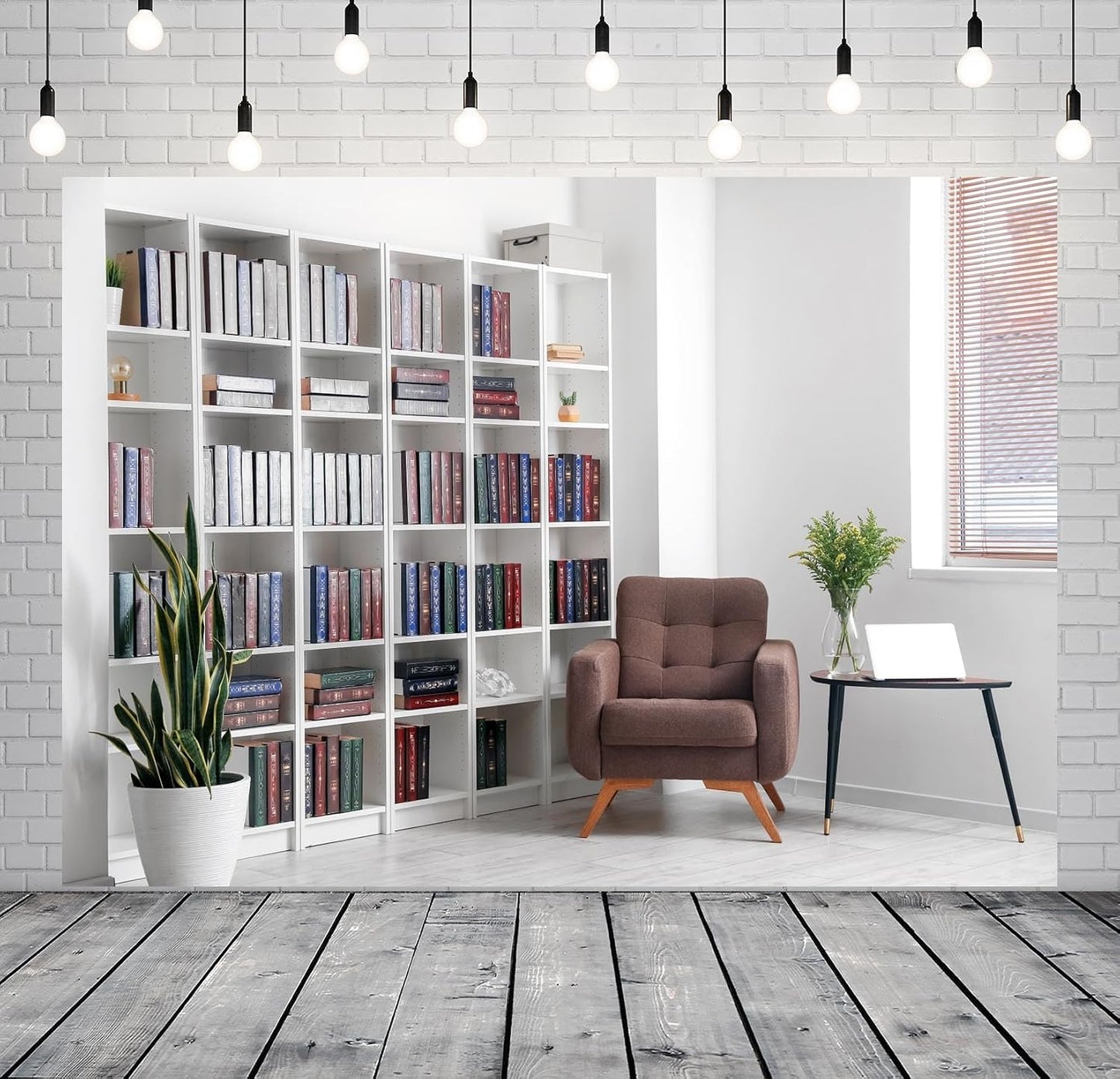 BELECO 7x5ft Fabric Living Room Backdrop Modern Room Interior with Armchair White Bookcase, Office Zoom Meeting