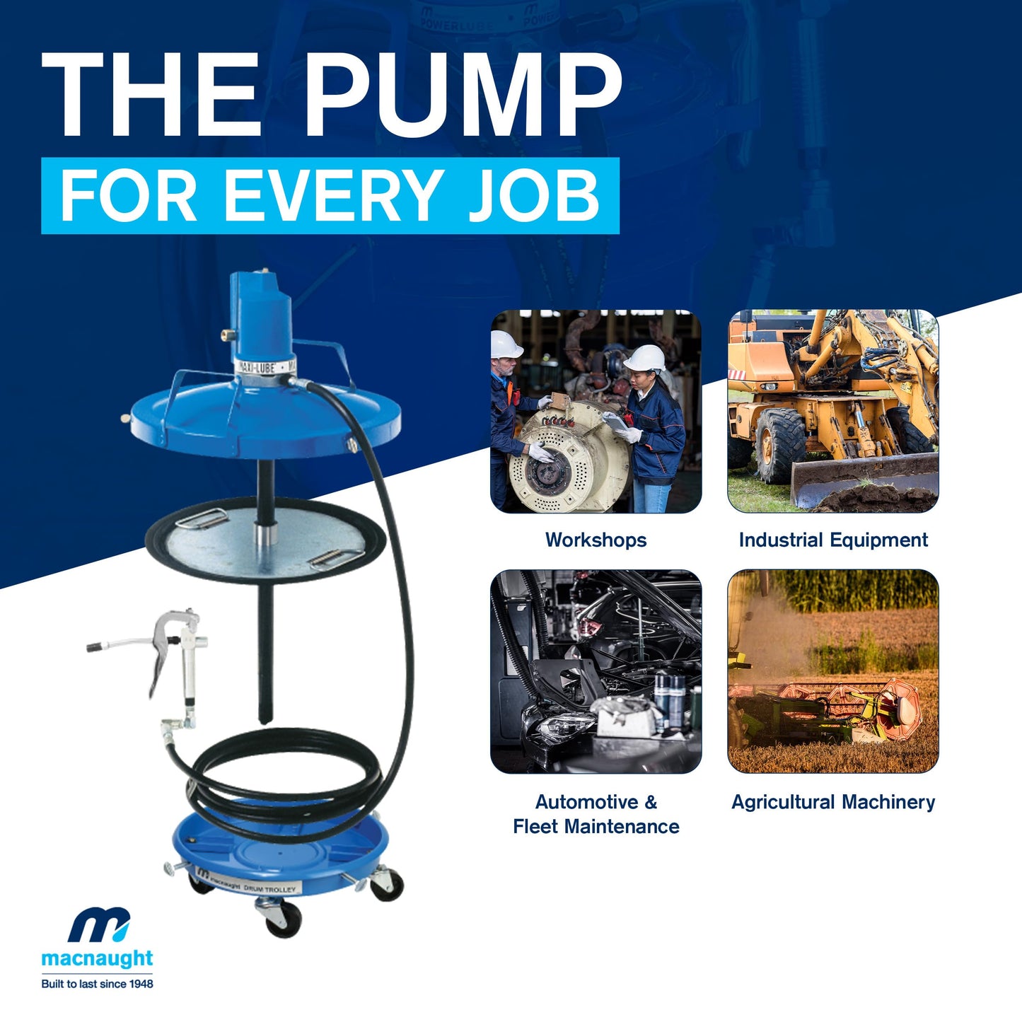 Macnaught Legendary P6TR 50:1 Air-Operated Greasing Pump for 120 lb. Drum. Includes Booster Gun, Hose and Trolley, Low Air Consumption (3CFM)